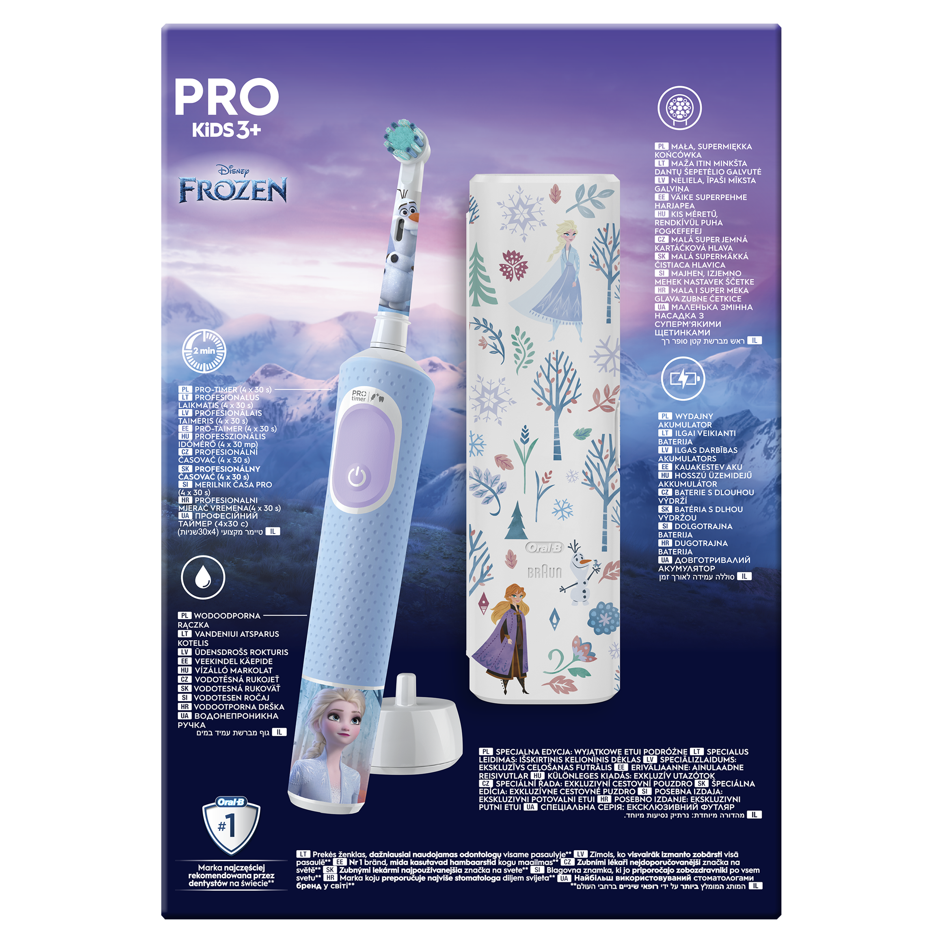 Egy Oral-B elektromos fogkefe Frozen témával, egy töltőállomás és egy utazótok mellett.