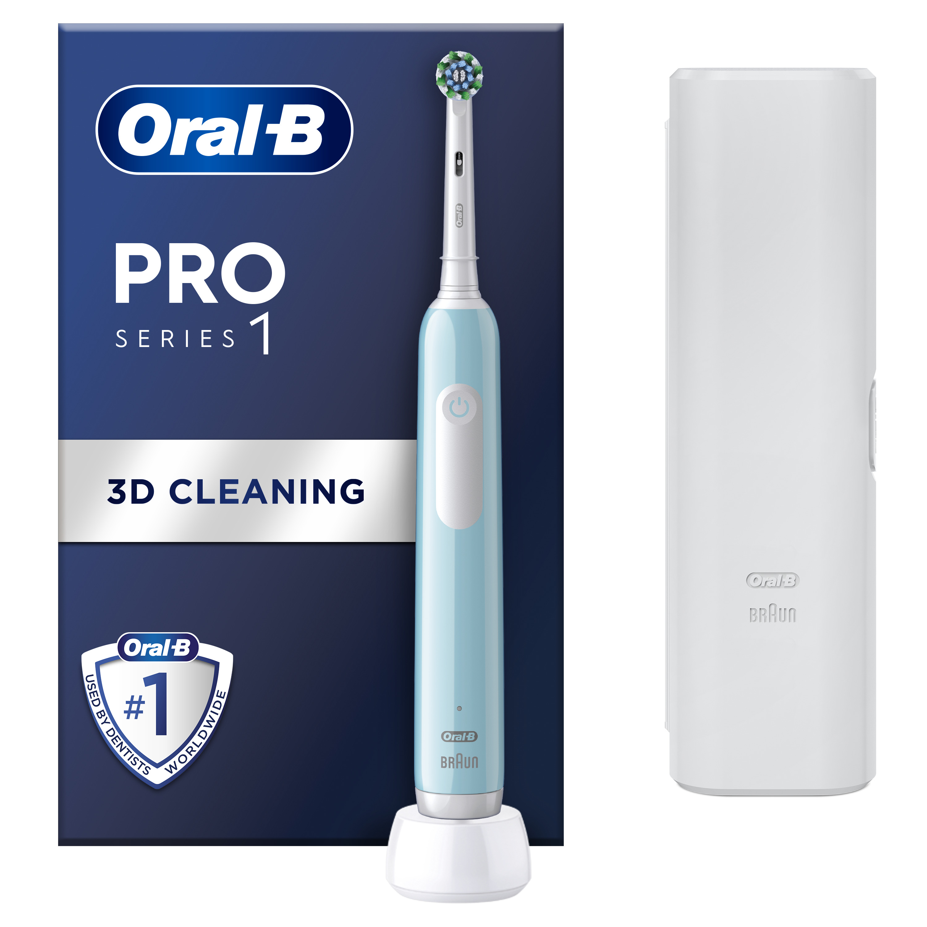 Oral-B elektromos fogkefe, kék és fehér, dobozzal és töltőállvánnyal, fehér háttér.