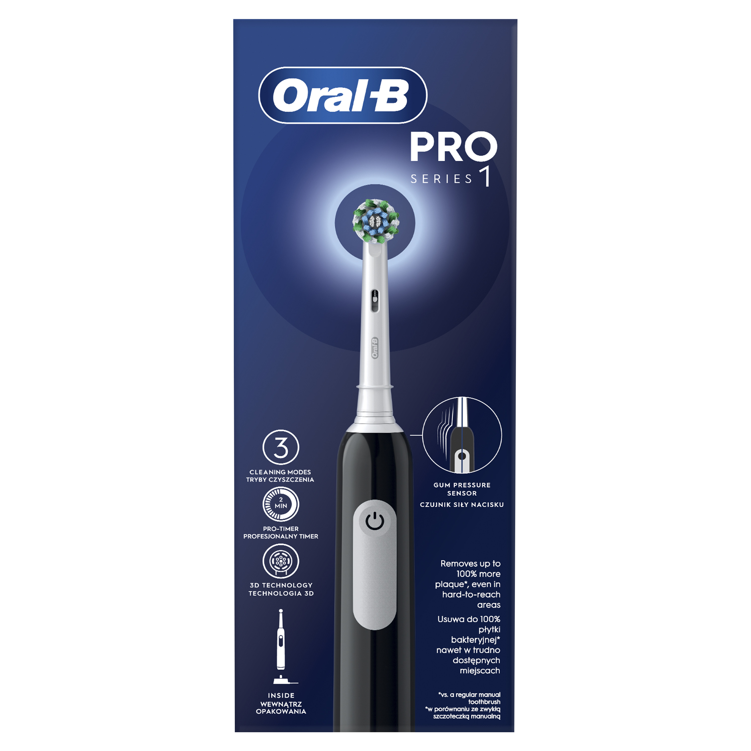 Fekete Oral-B Pro Series 1 elektromos fogkefe, zöld fejjel, kék és fekete márkás háttér előtt.