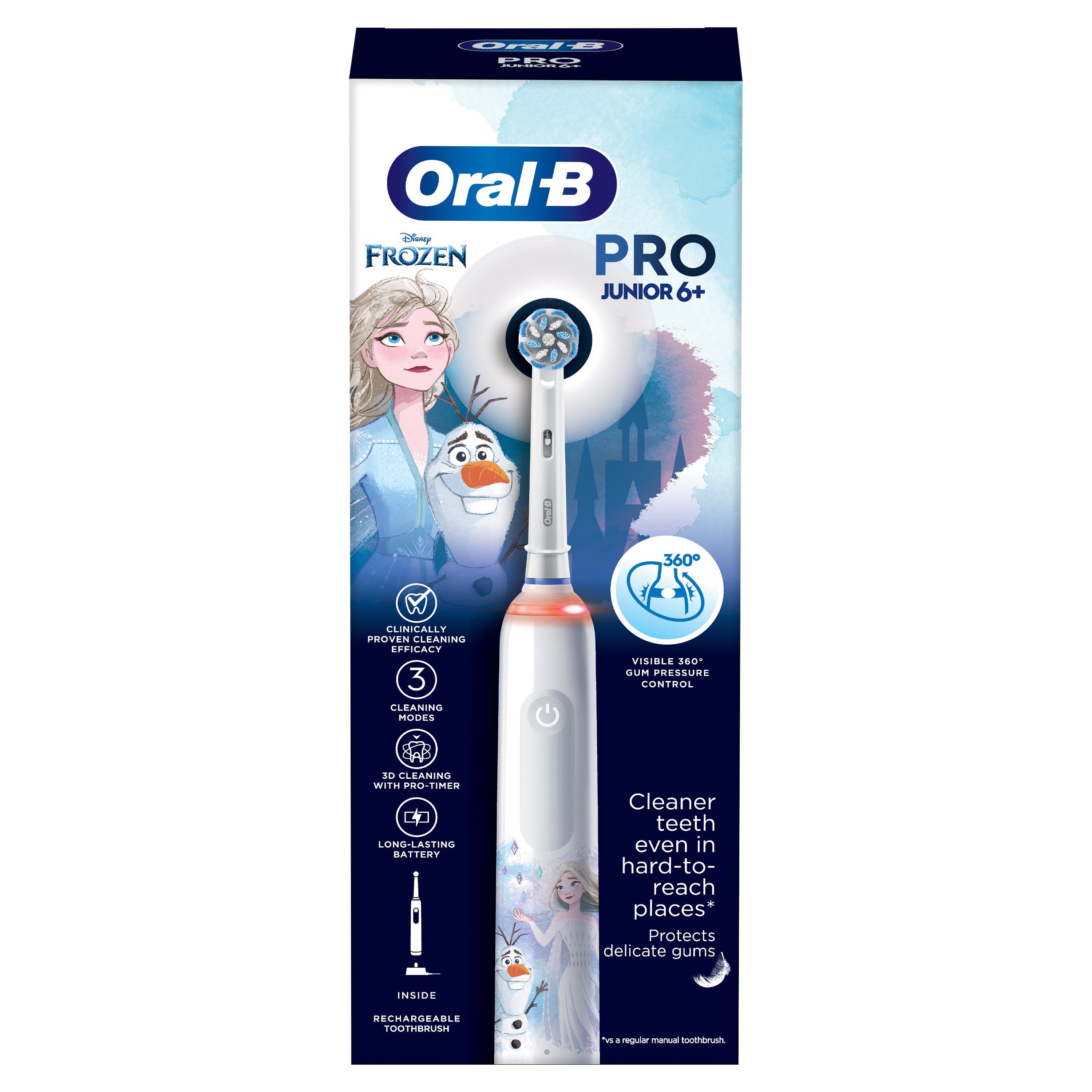 Oral-B Pro Junior 6+ fogkefe, Frozen design. Elzával és Olaffal. A termék részleteit és előnyeit mutatja.