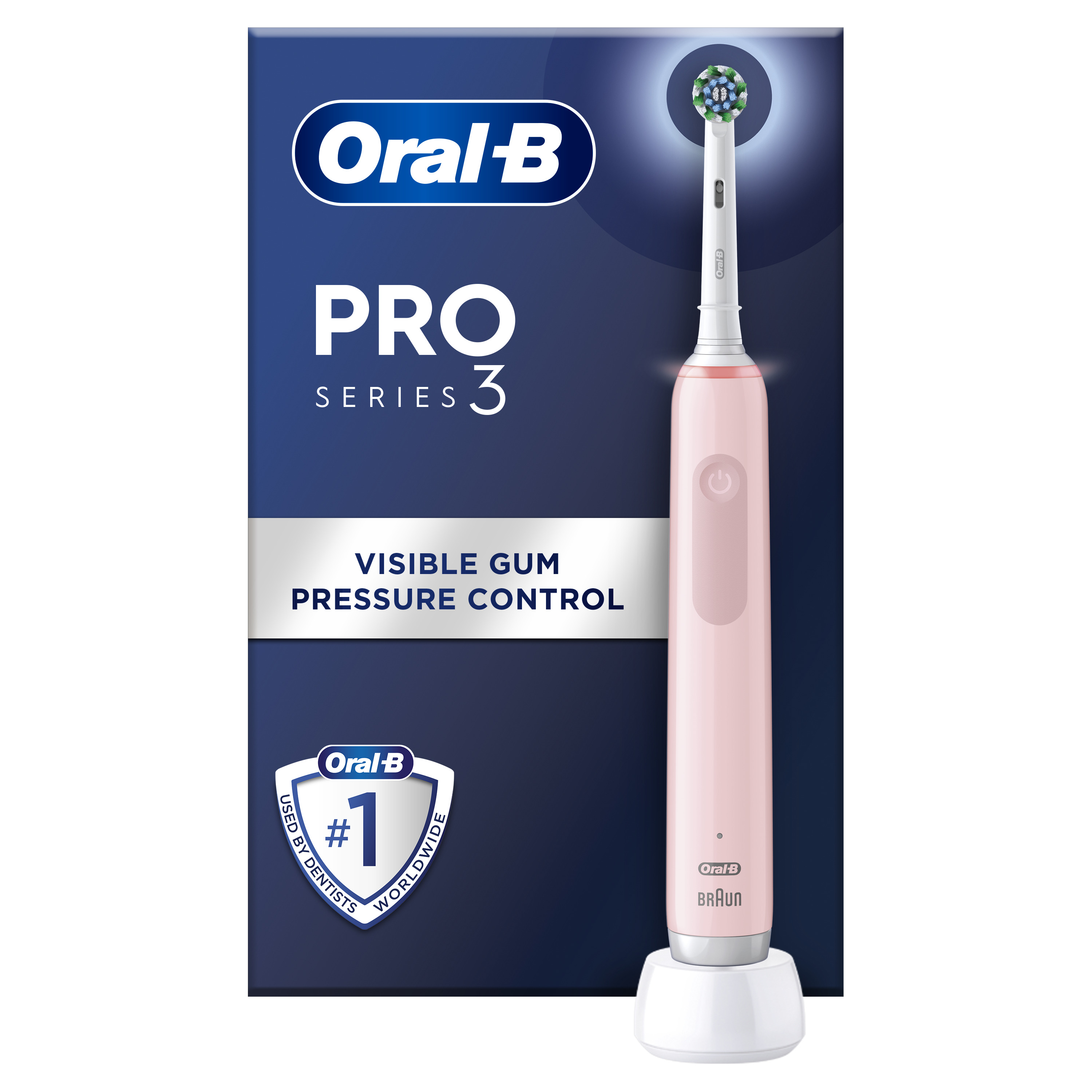 Rózsaszín Oral-B Pro Series 3 elektromos fogkefe töltőállomáson, dobozzal.