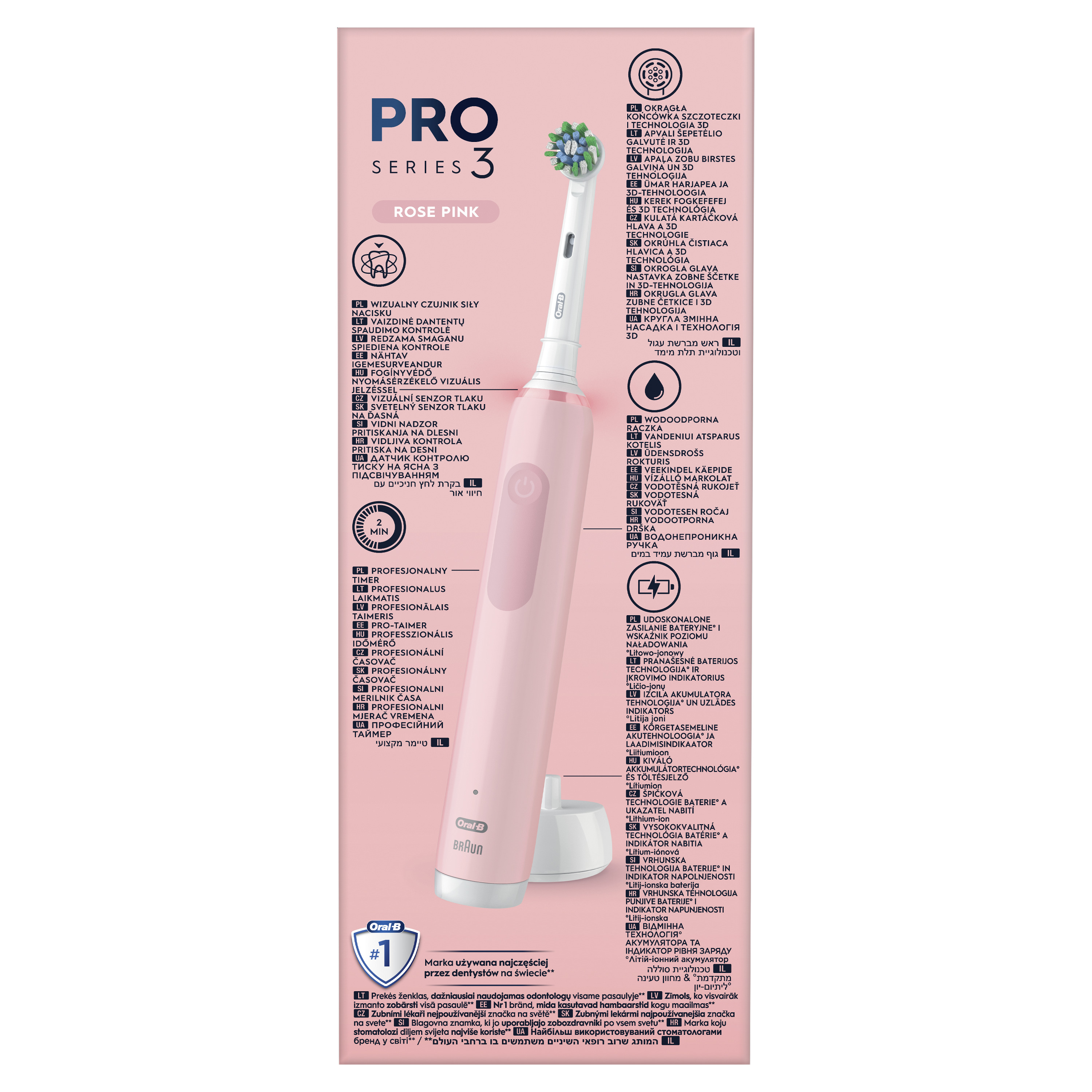 Rózsaszín Oral-B Pro Series 3 elektromos fogkefe dobozzal és funkciókkal.