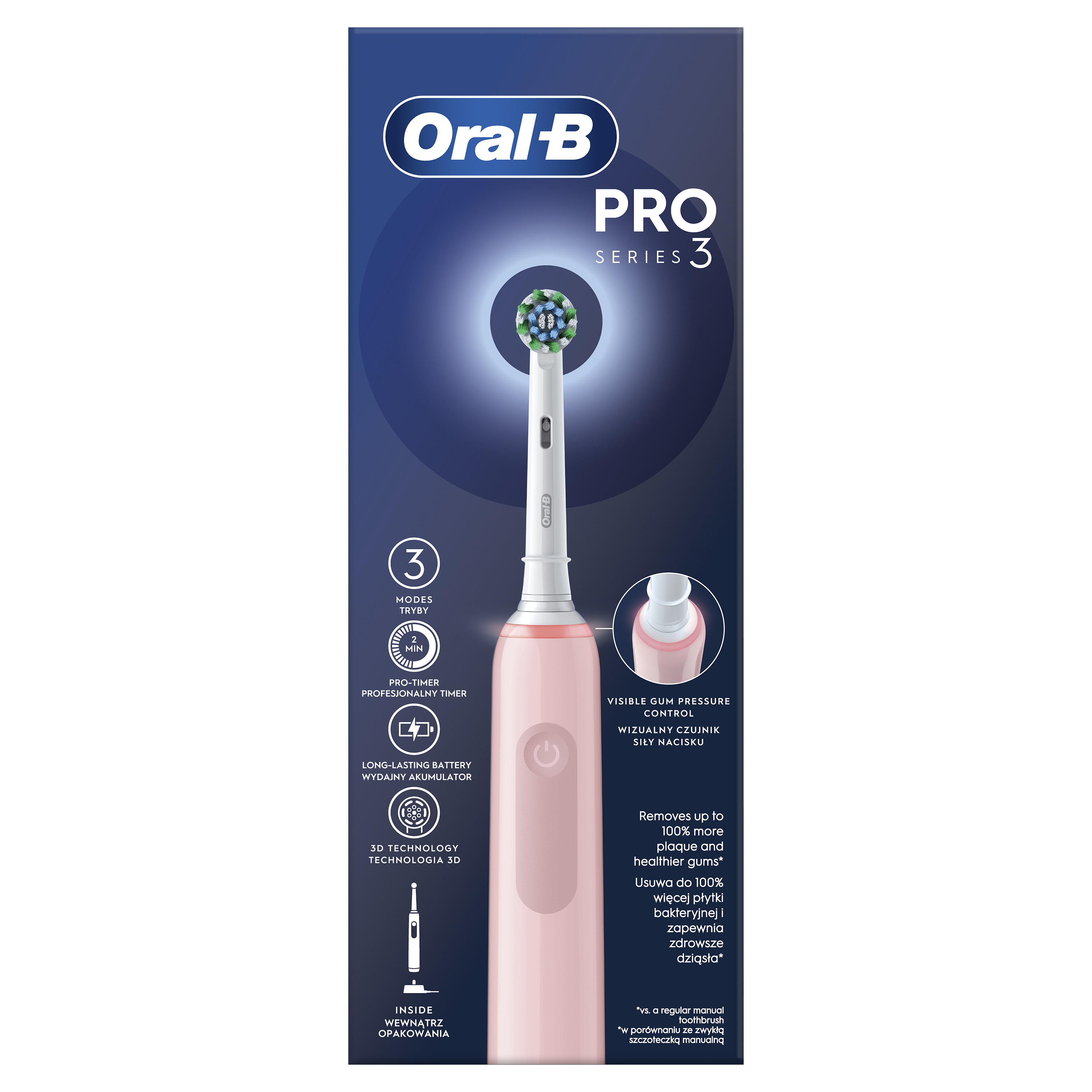 Rózsaszín Oral-B Pro Series 3 fogkefe fehér háttérrel, termékinformációkkal.