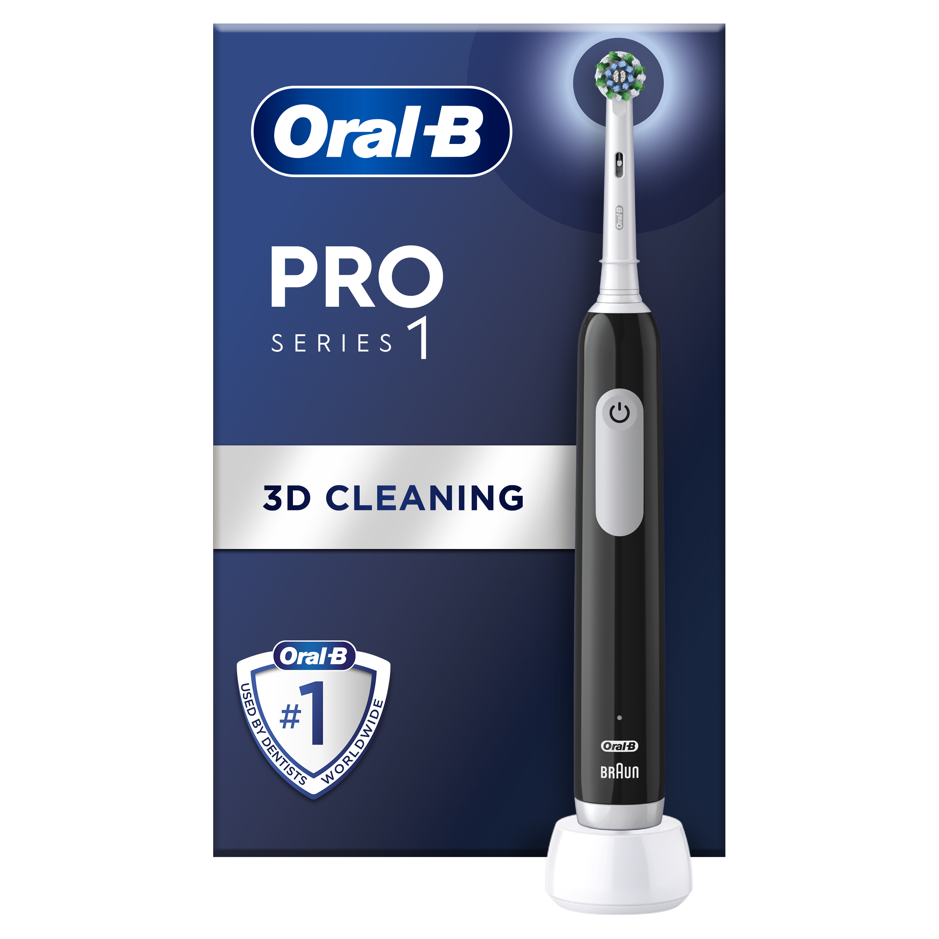 Fekete Oral-B elektromos fogkefe fehér talppal és dobozzal. A dobozon a Pro Series 1 felirat látható, az Oral-B az 1. márka.