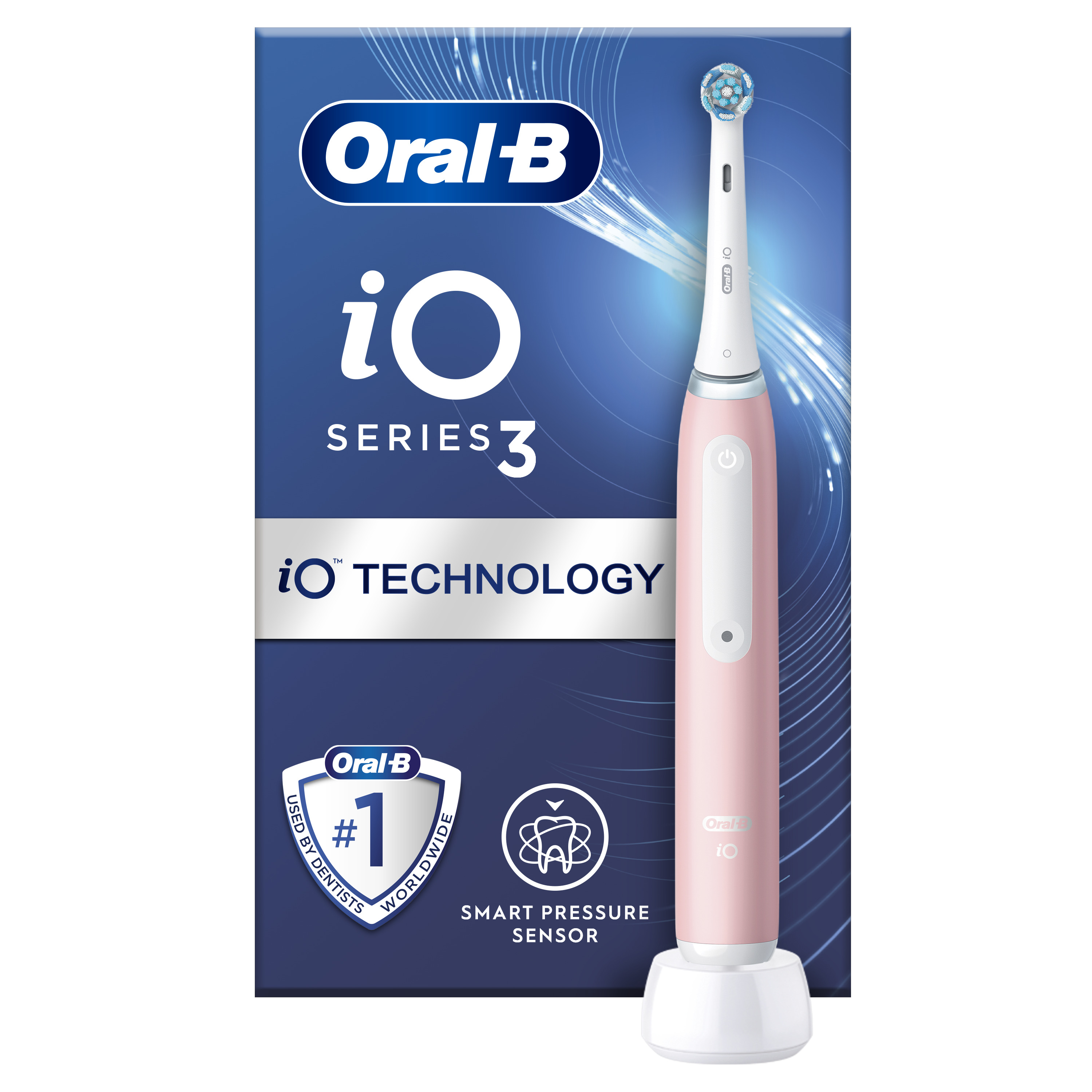 Rózsaszín Oral-B iO Series 3 elektromos fogkefe fehér alappal és dobozzal. A dobozon iO felirat, fogorvosok által használt 1. márka.
