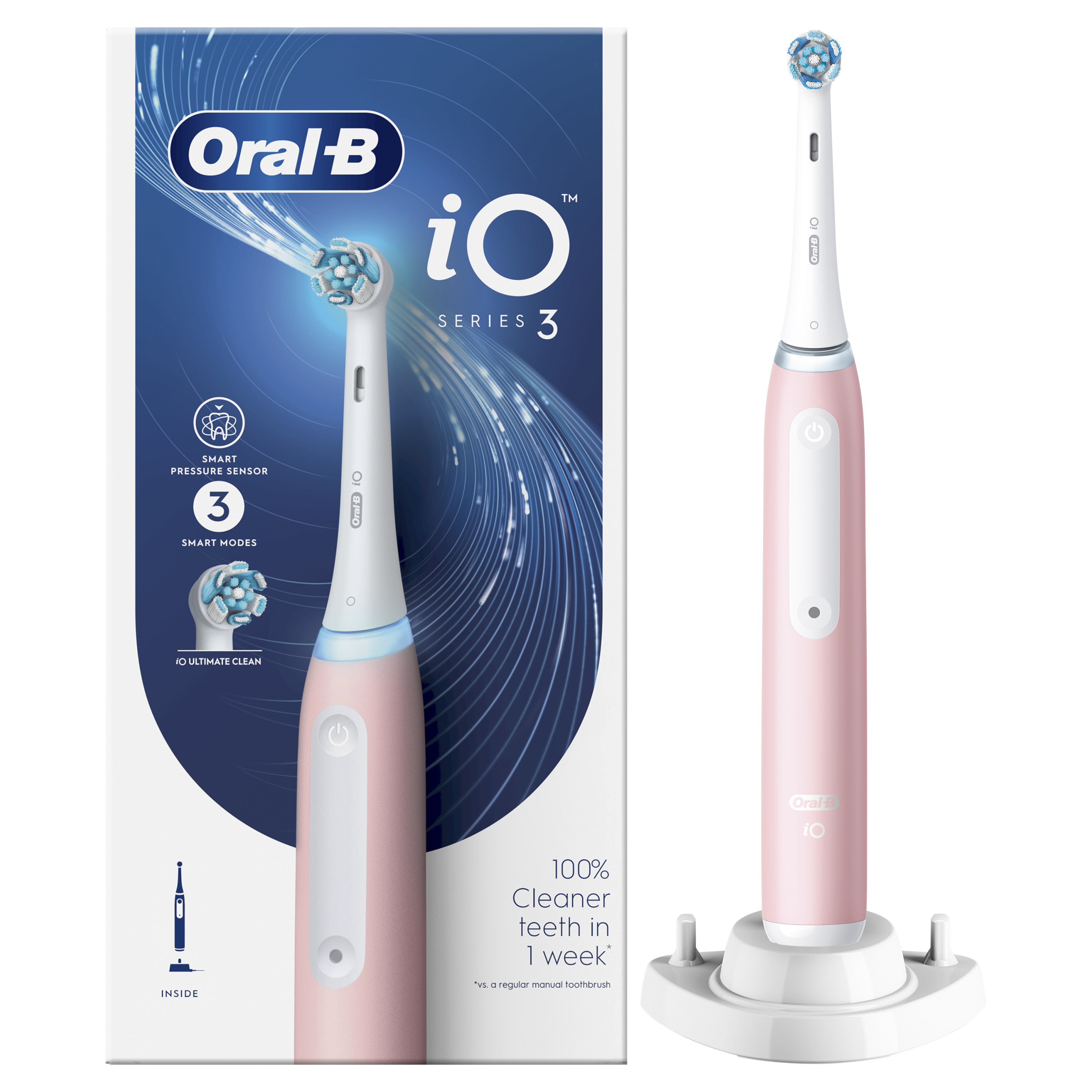 Rózsaszín-fehér elektromos fogkefe dobozzal, amely a funkciókat és az Oral-B logót mutatja.