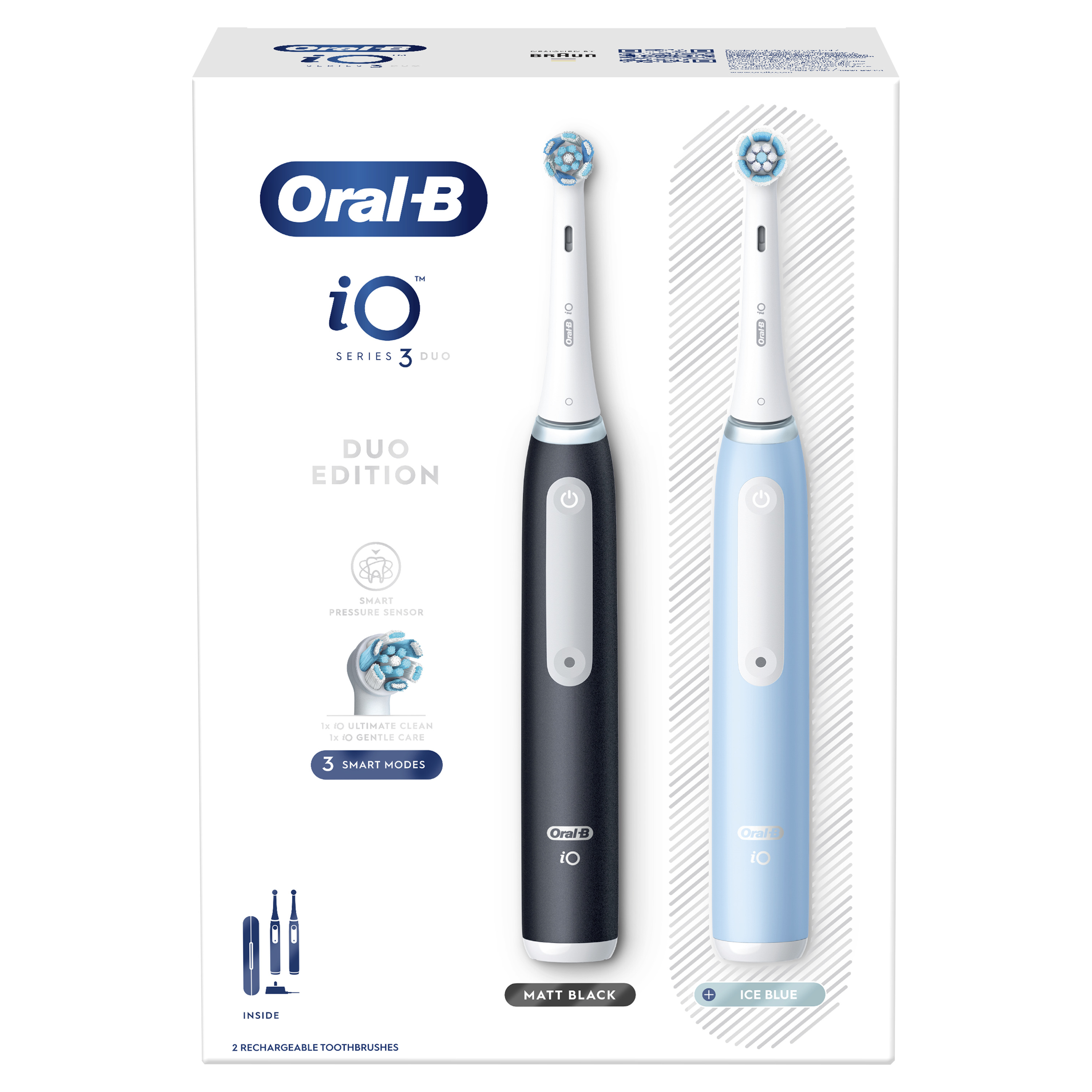 Doboz két elektromos fogkefével: fekete és világoskék, Oral-B márkával.