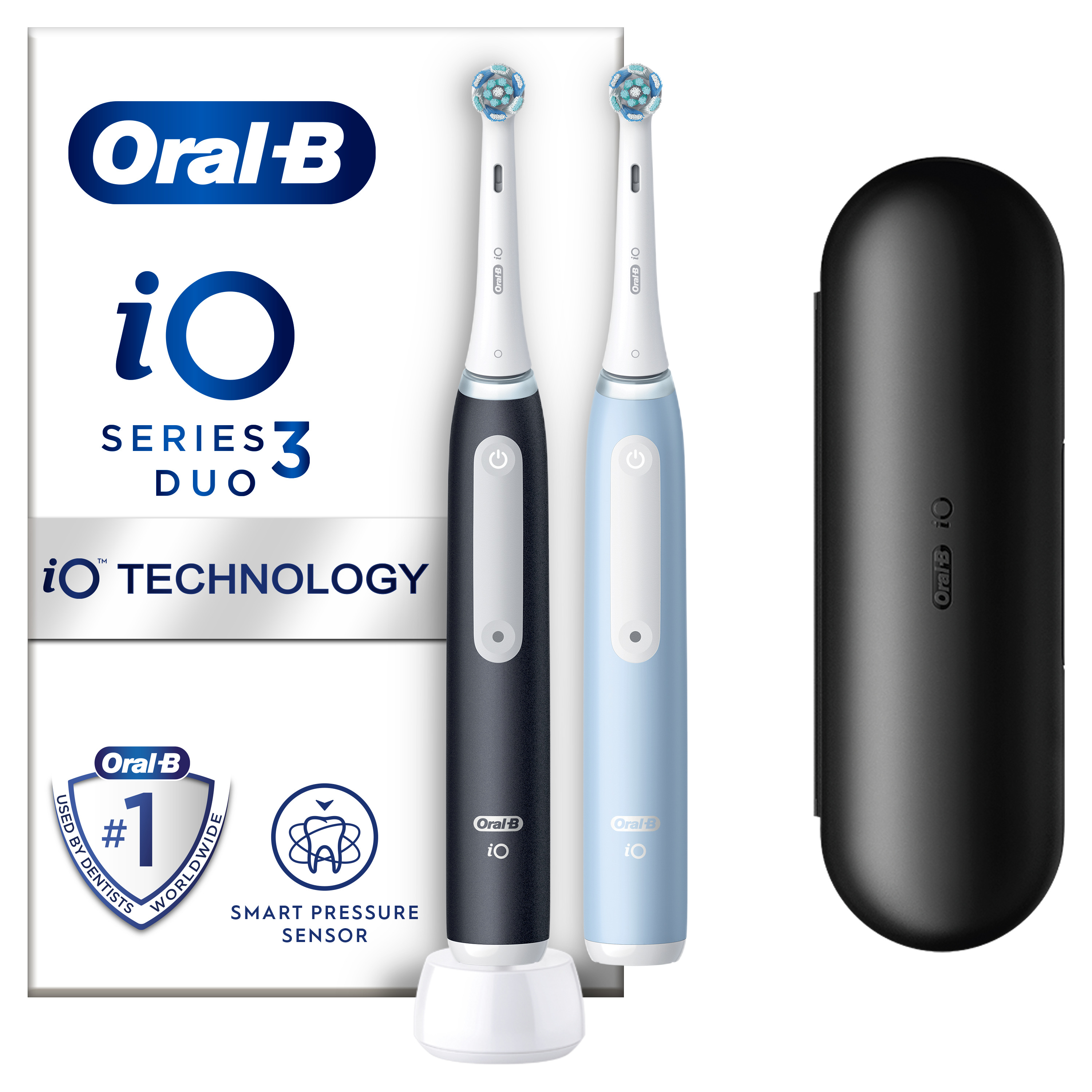 Két Oral-B iO Series 3 Duo elektromos fogkefe és egy utazótok, csomagolási részletekkel.