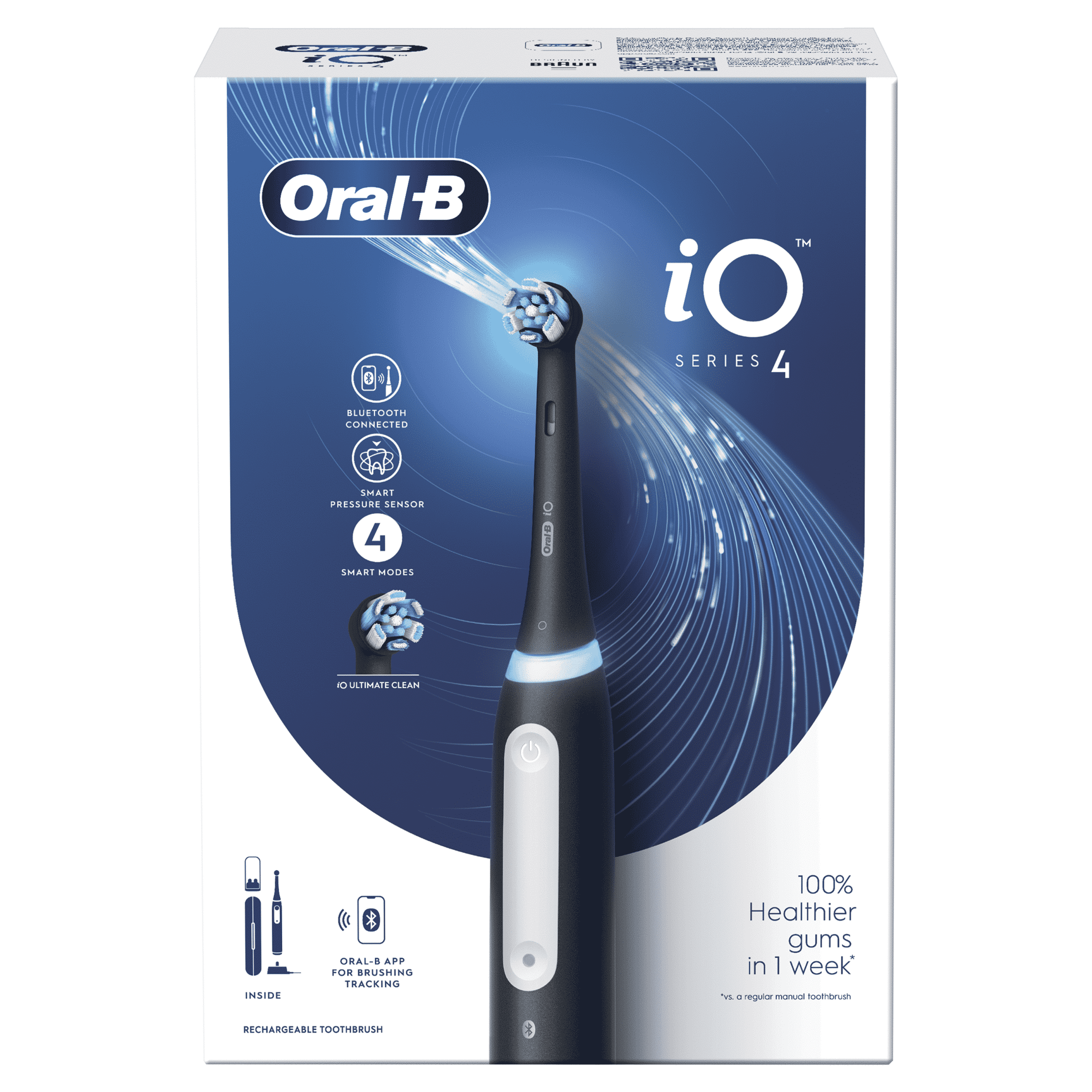 Fekete Oral-B iO Series 4 elektromos fogkefe csomagolással.
