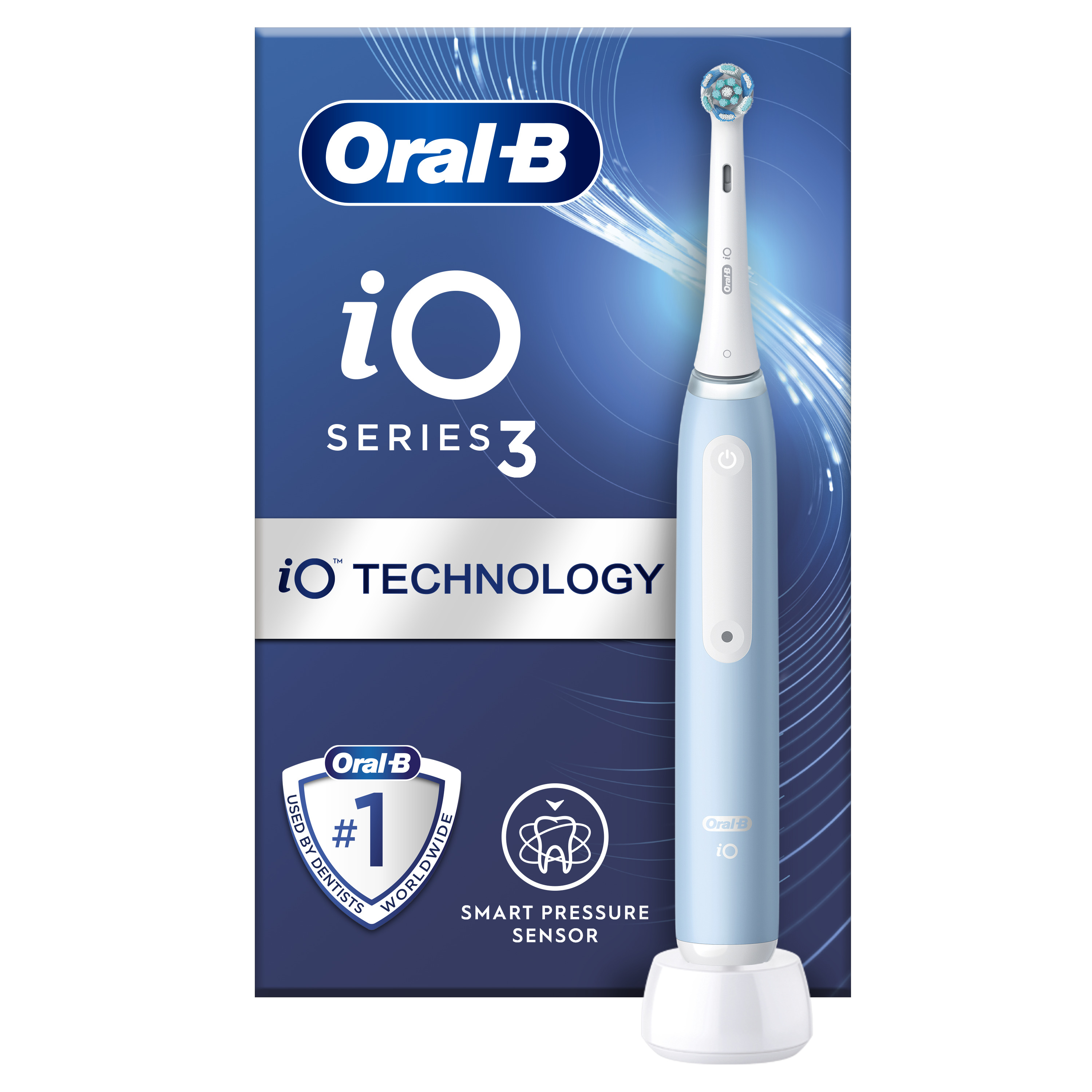 Kék-fehér Oral-B iO Series 3 elektromos fogkefe töltővel.
