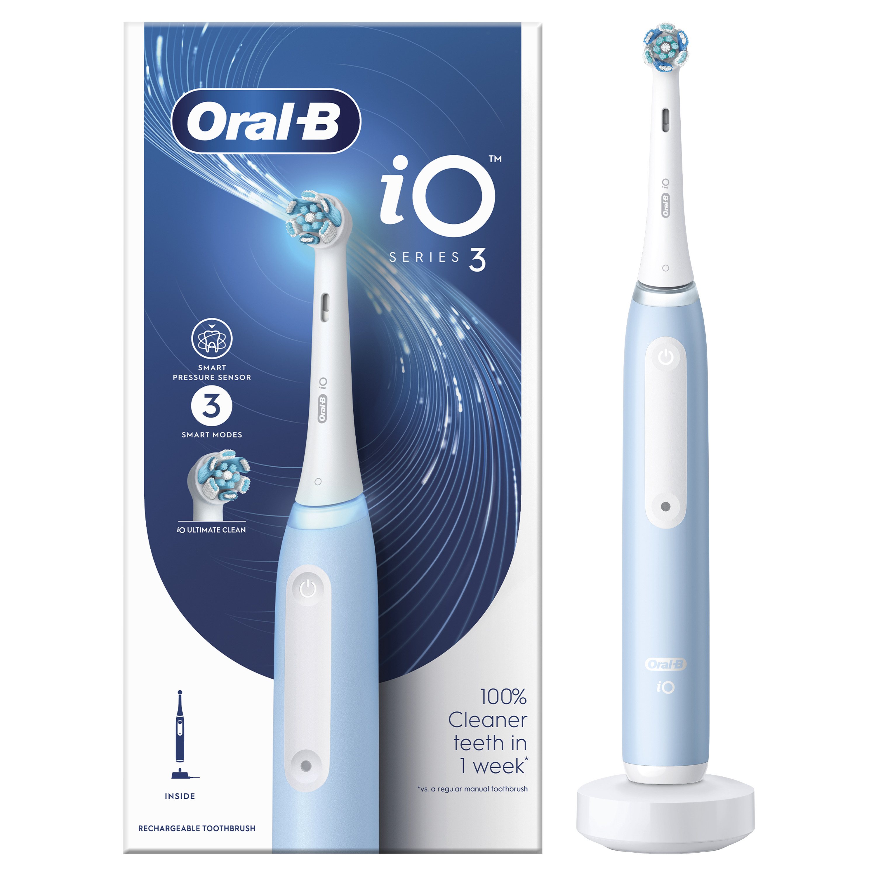 Oral-B iO Series 3 elektromos fogkefe a dobozzal és a töltőállvánnyal.