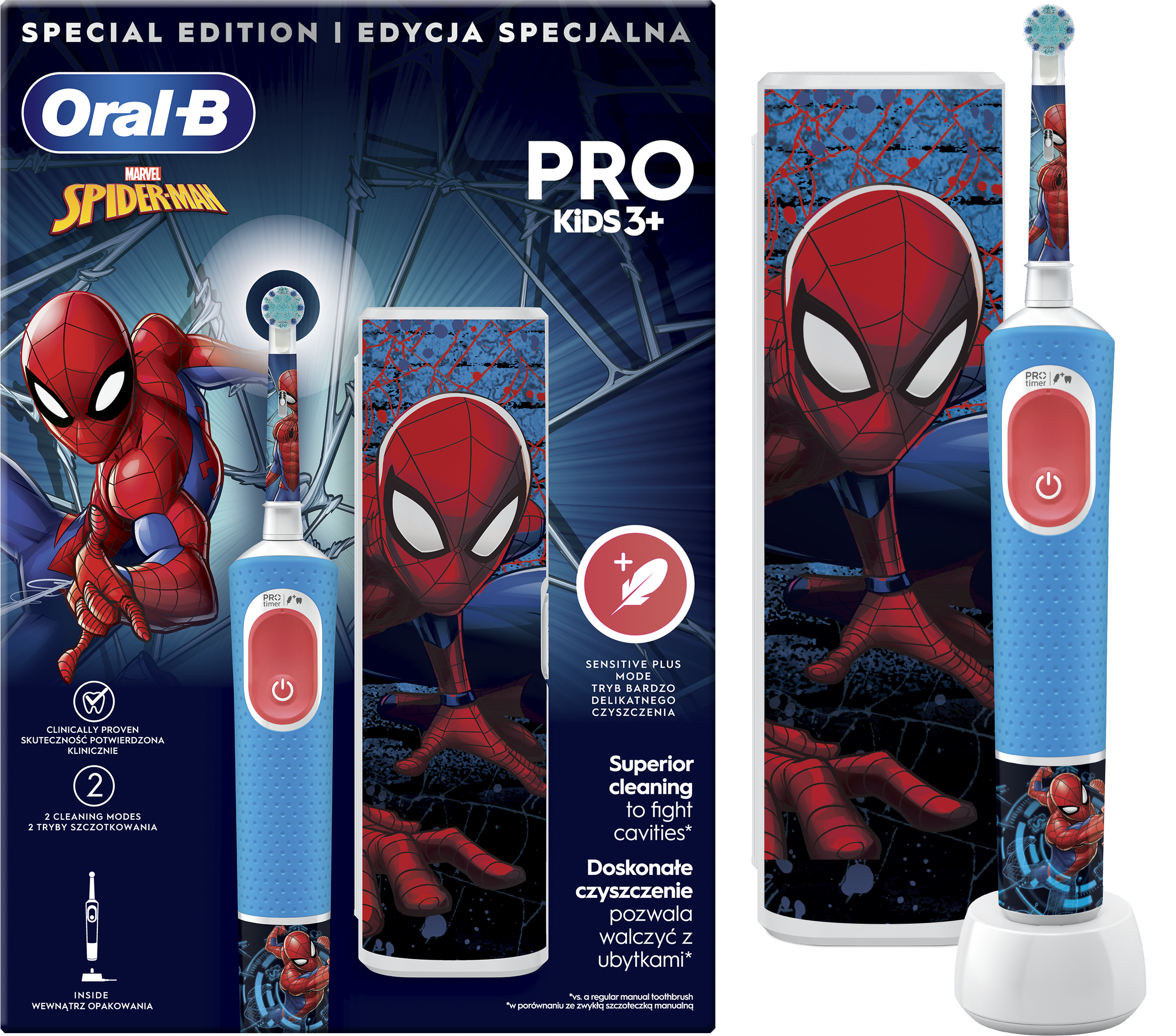 Oral-B Pókember fogkefe készlet. Tartalmazza a fogkefét, a csomagolást és a töltőalapot.
