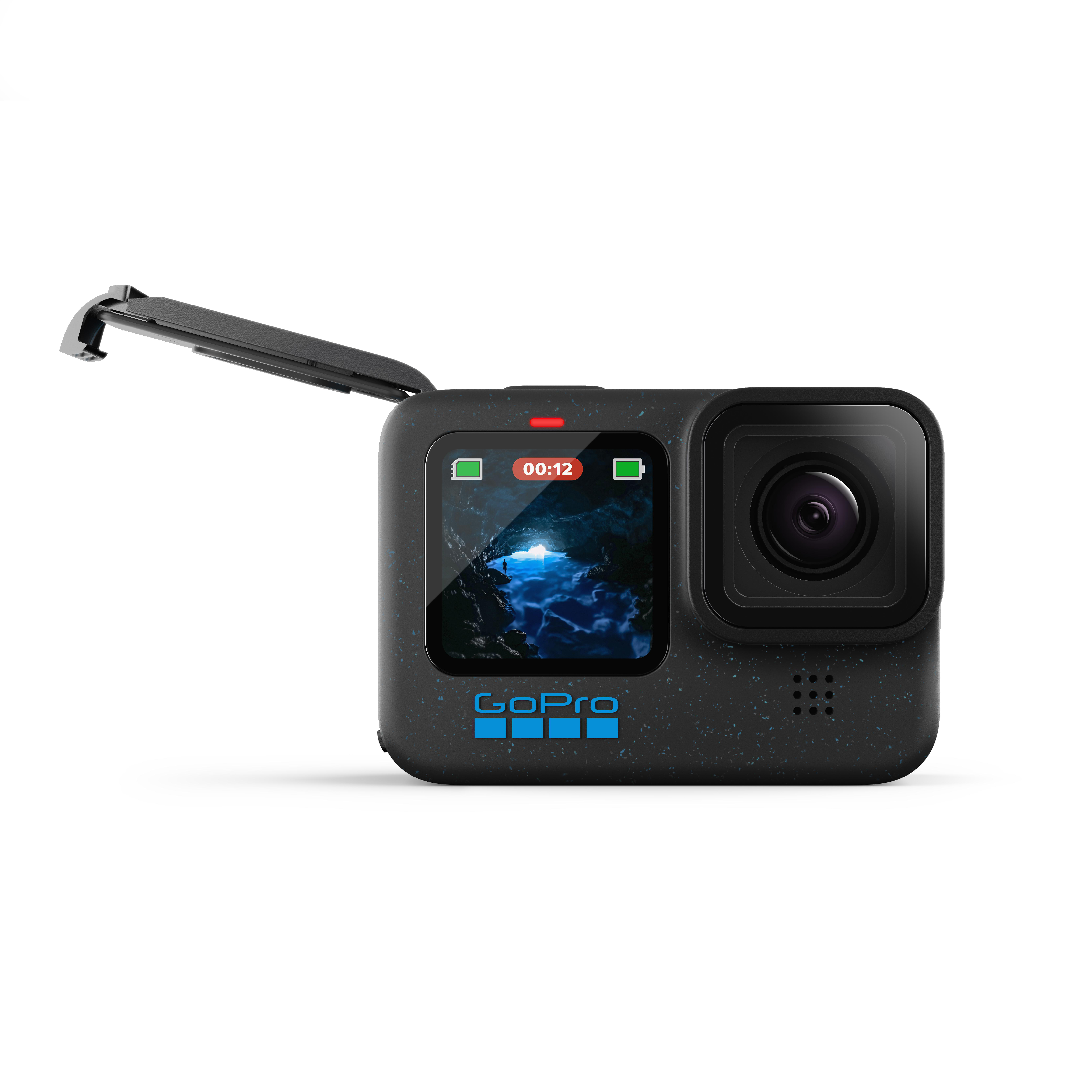 GoPro-Kamera mit Bildschirm, der ein Video zeigt.
