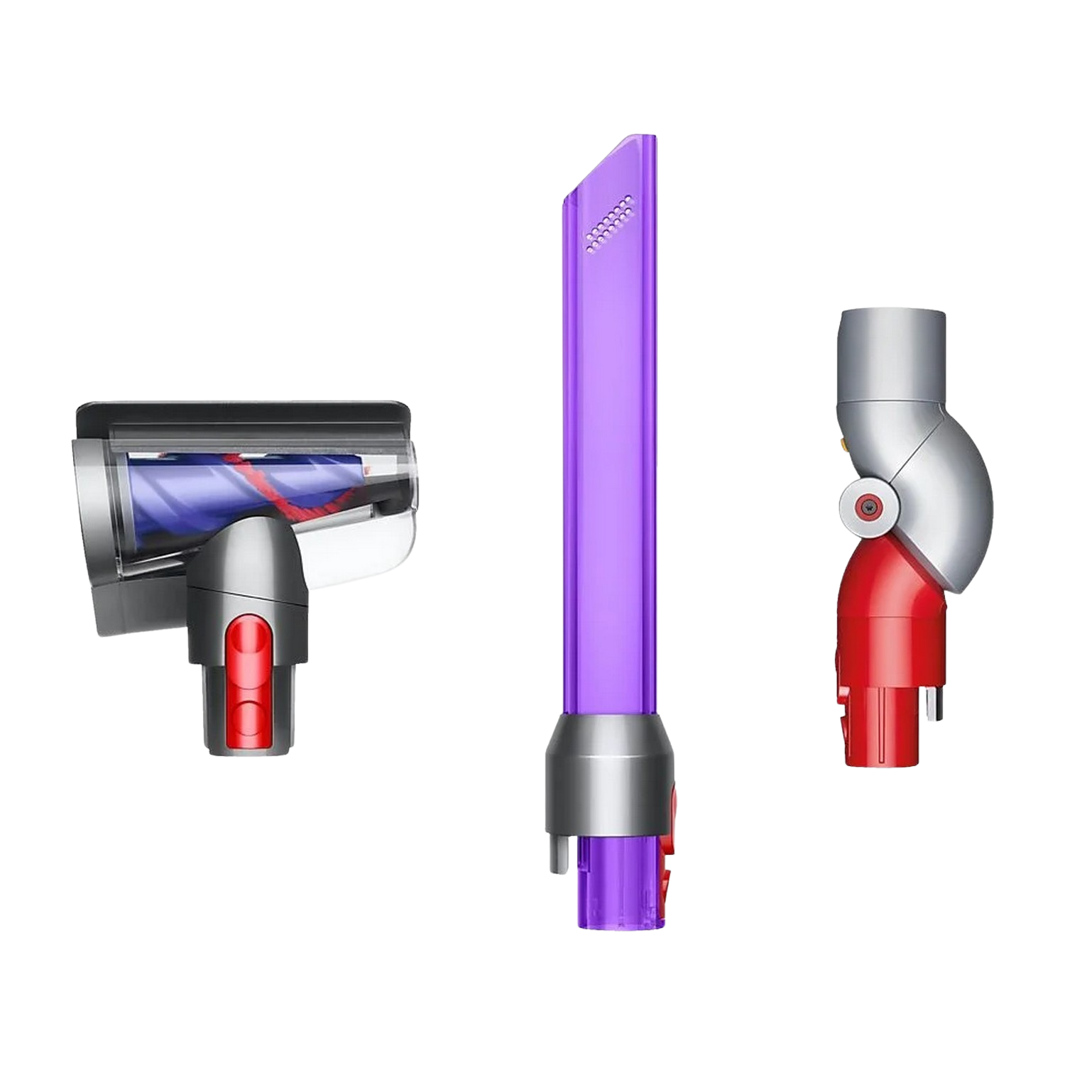 Drie stofzuigeropzetstukken: borstel, kierenzuiger en rood-zilveren connector.