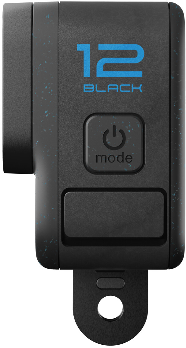 Schwarze GoPro 12 Black Kamera, Seitenansicht. Blauer Text: 12 BLACK. Eine Modus-Taste und eine Halterung unten.