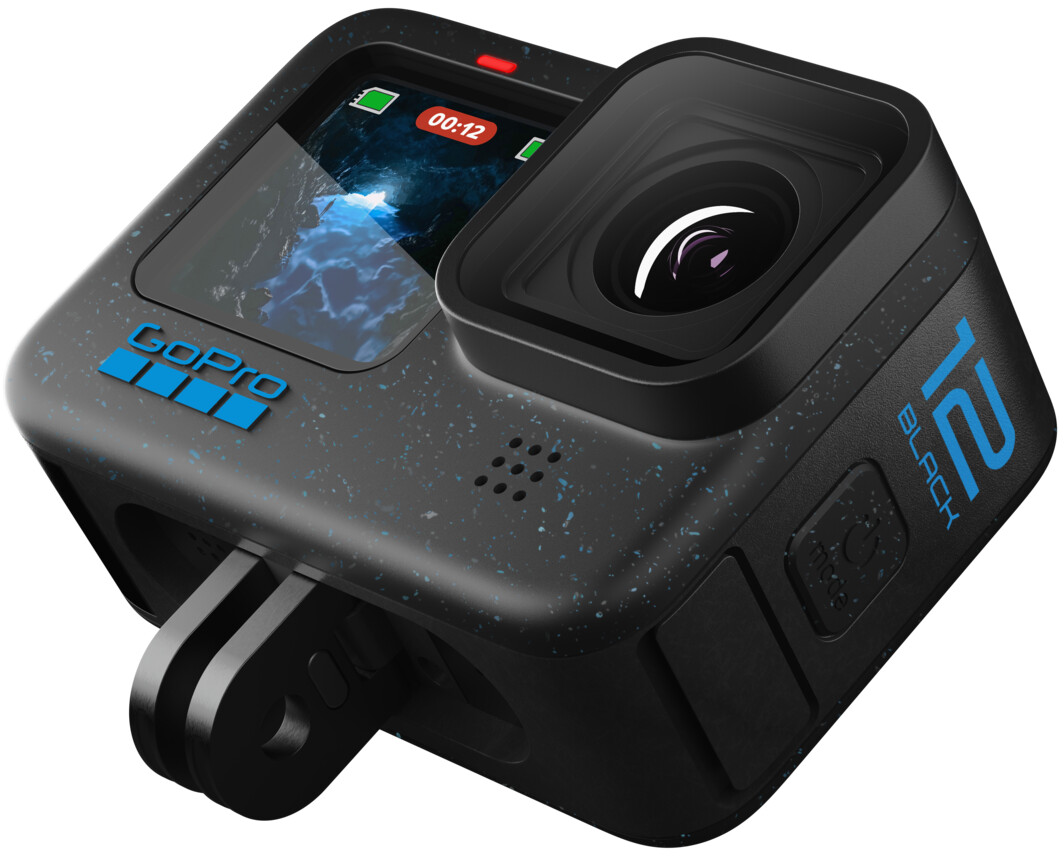 Schwarze GoPro-Kamera, mit blauem 'GoPro'-Logo und '12', vor weißem Hintergrund.