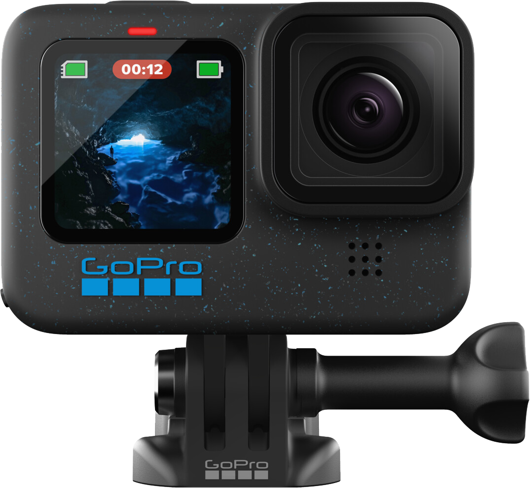 GoPro-Kamera mit Bildschirm, der eine Unterwasserszene zeigt. Schwarzer Körper, schwarze Halterung.