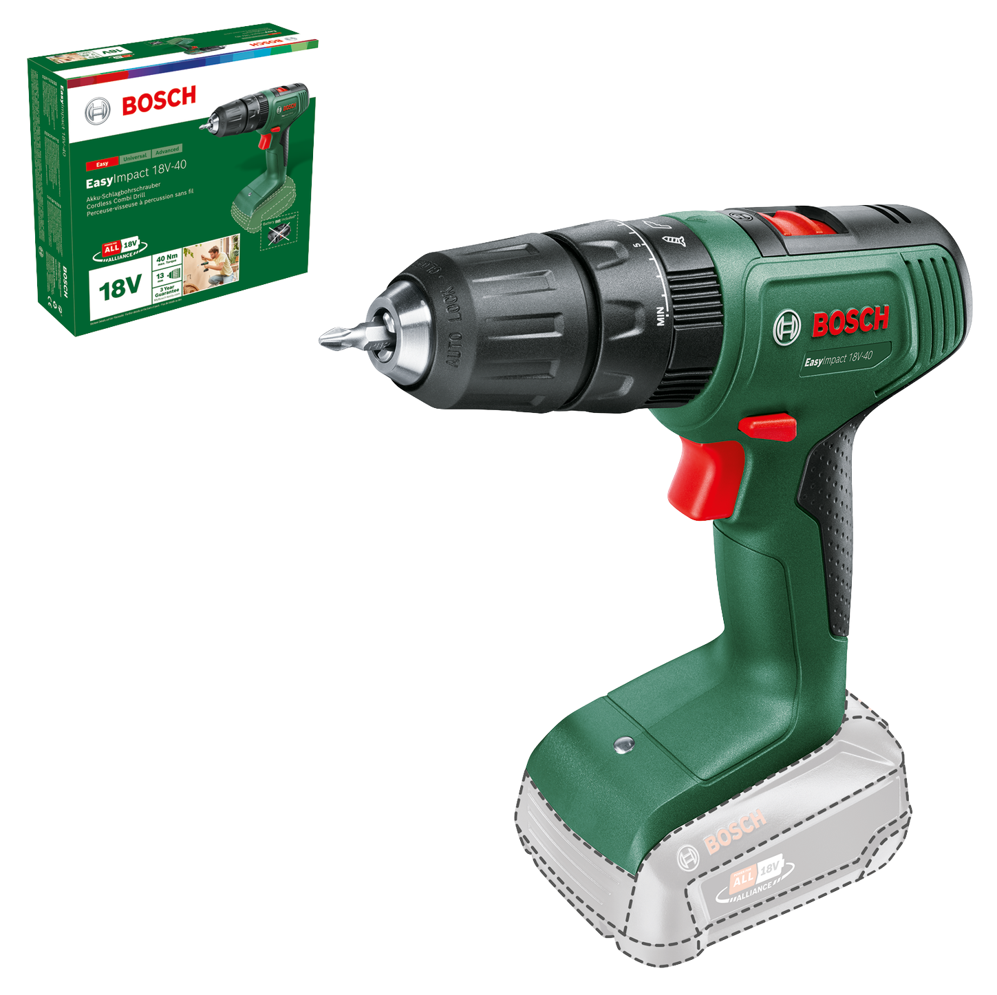 BOSCH Easy Impact 18V-40 Akkumulátoros fúrócsavarozó, 18V, akku és töltő nélkül (06039D8100)
