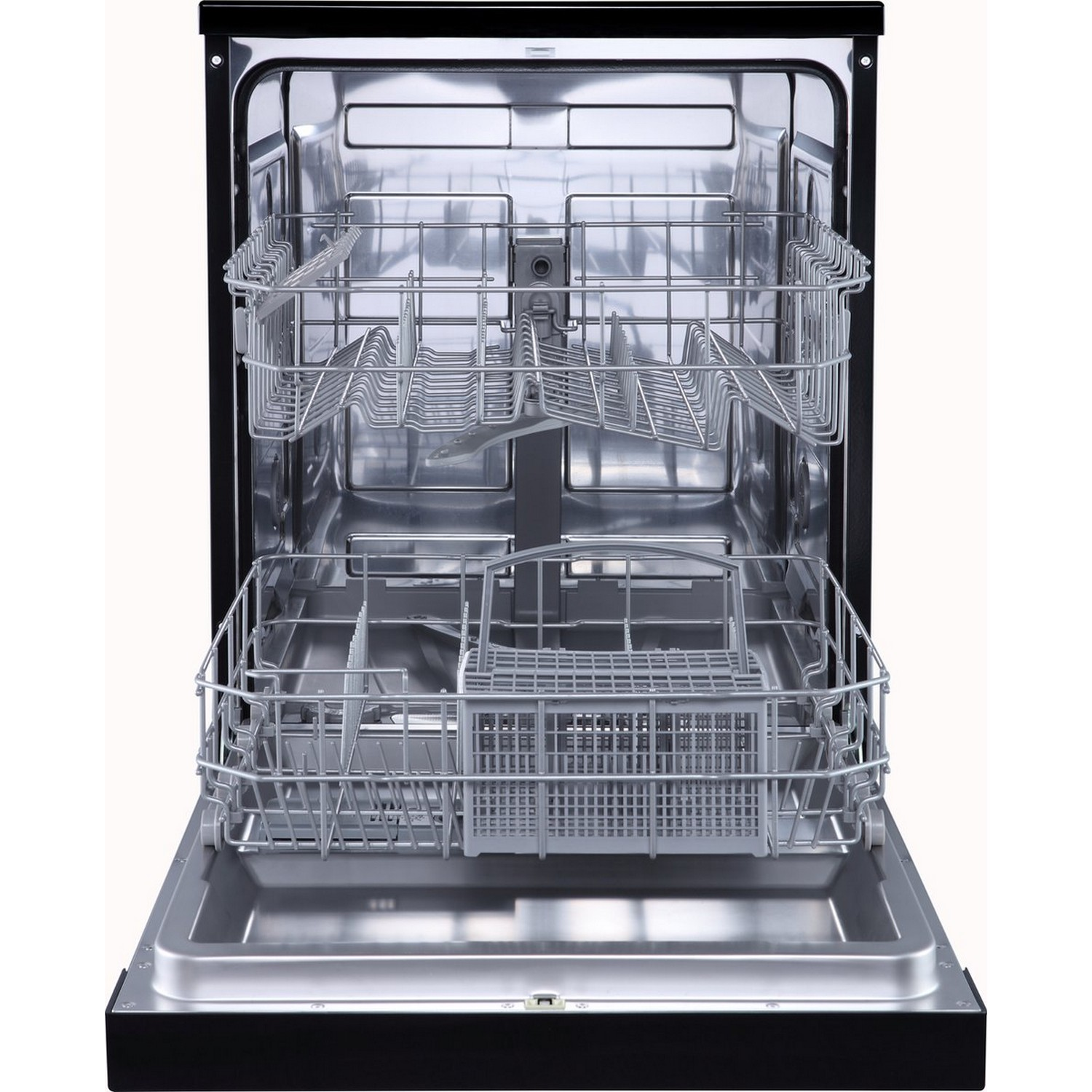 An open black dishwasher with two racks inside. The racks are made of metal.