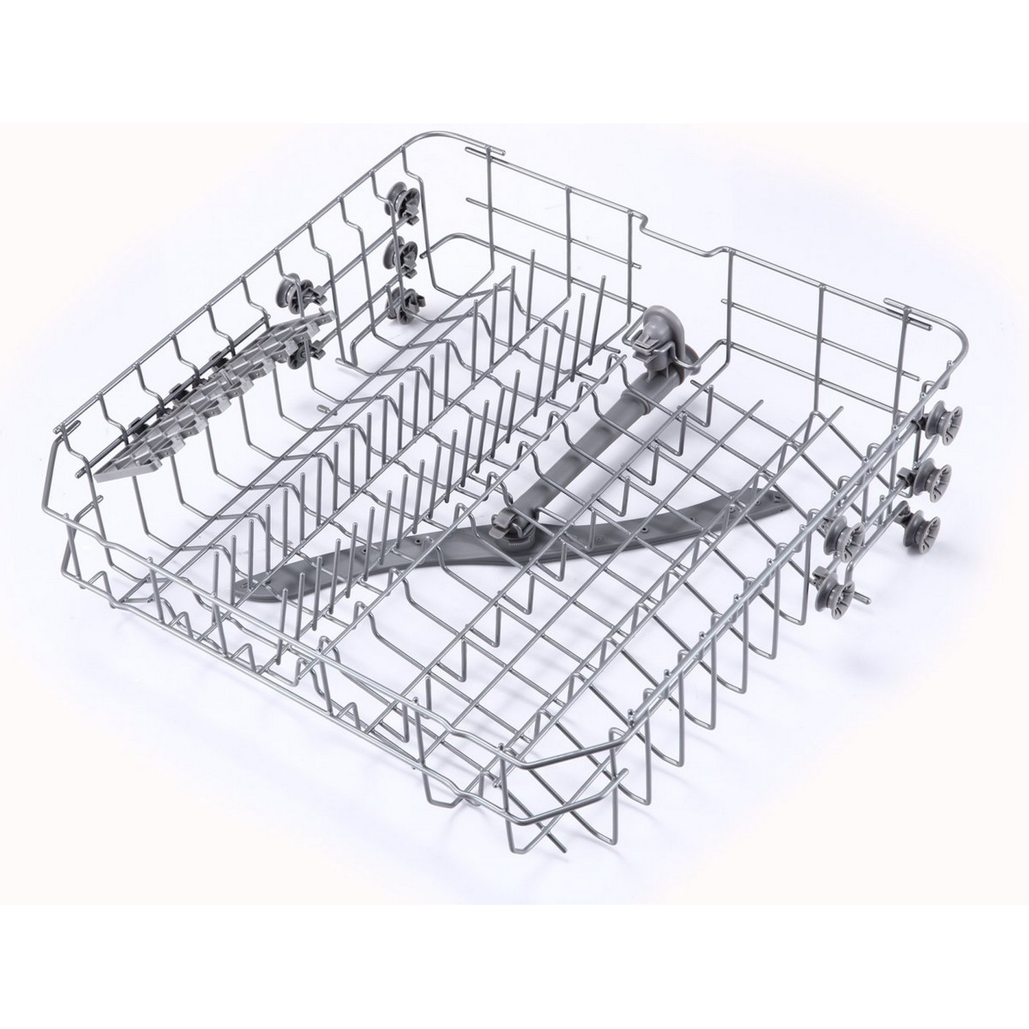 Dishwasher rack, silver, empty, with a grid design and several holders.