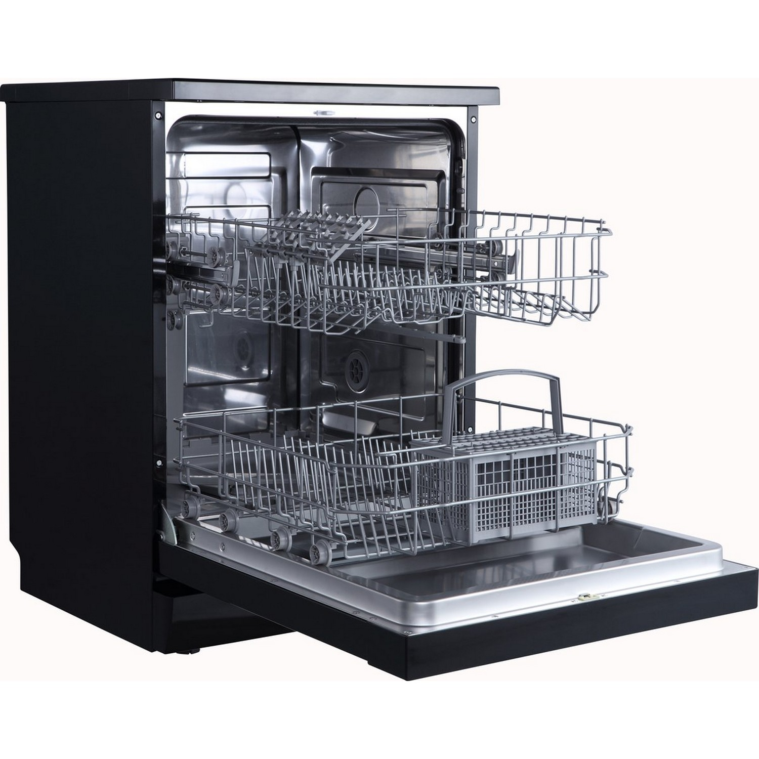 A black dishwasher with the door open, showing two racks for dishes inside.