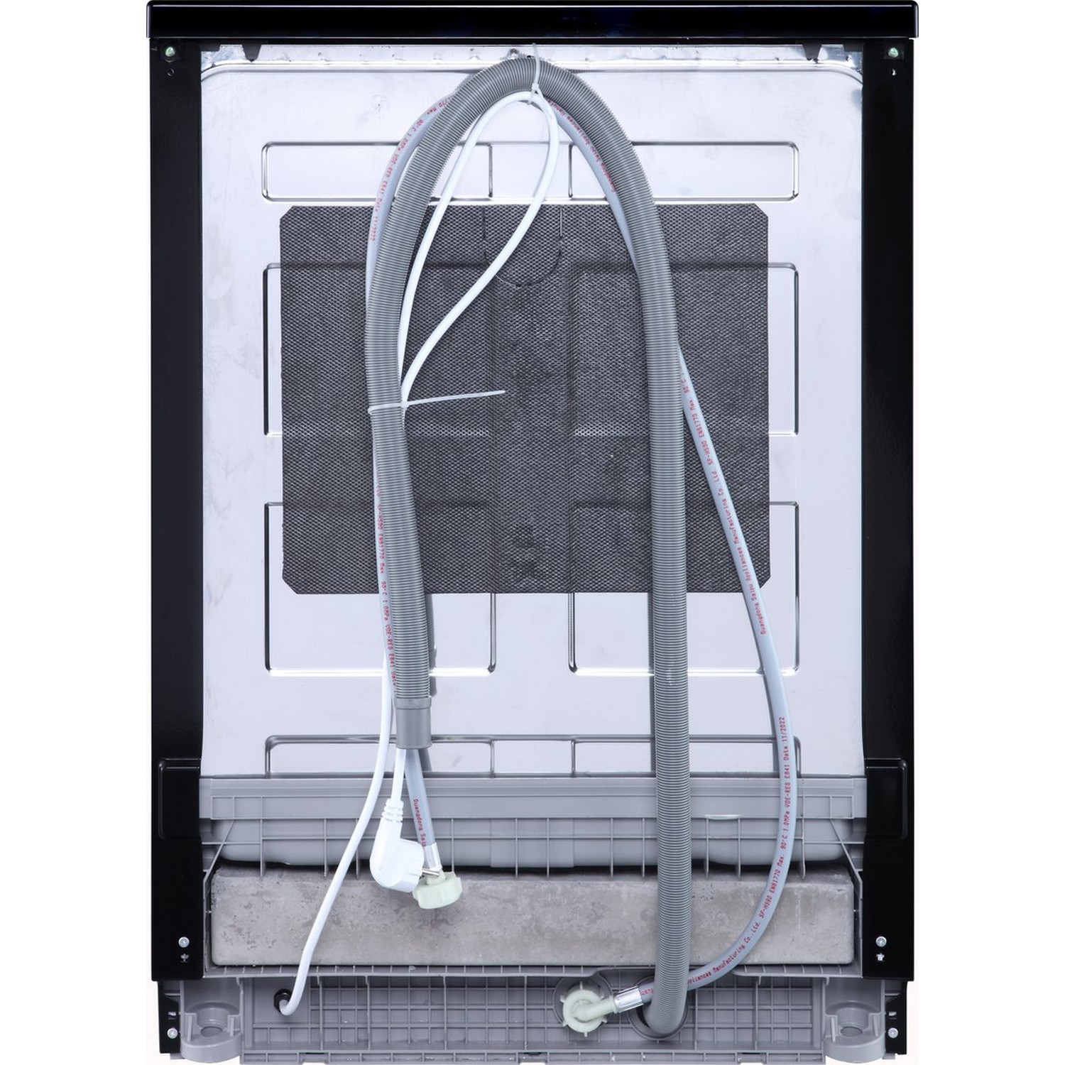 The back of a dishwasher with a gray hose and a white power cord.