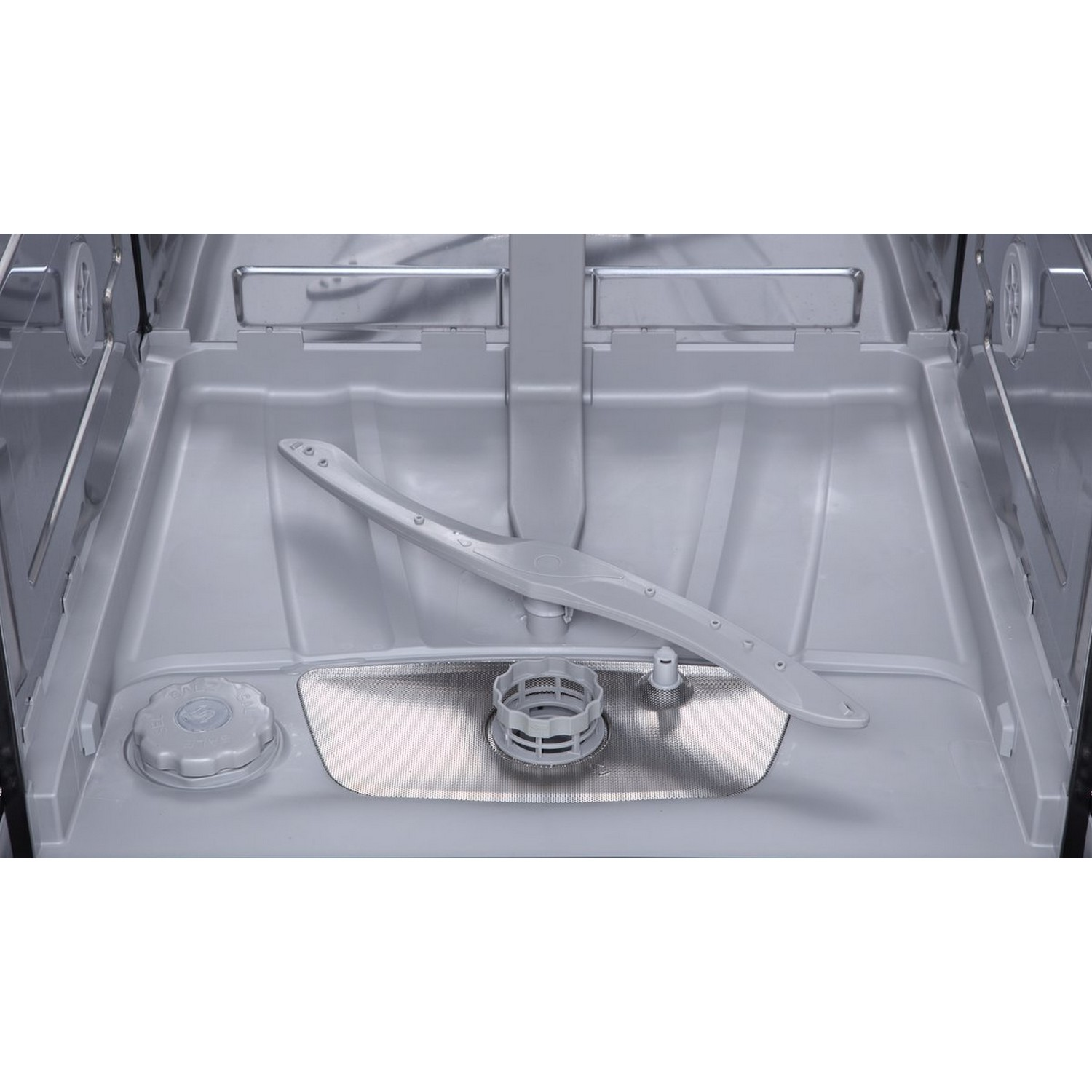 A close-up of a dishwasher's interior. It features a grey base and a grey, curved water sprayer.