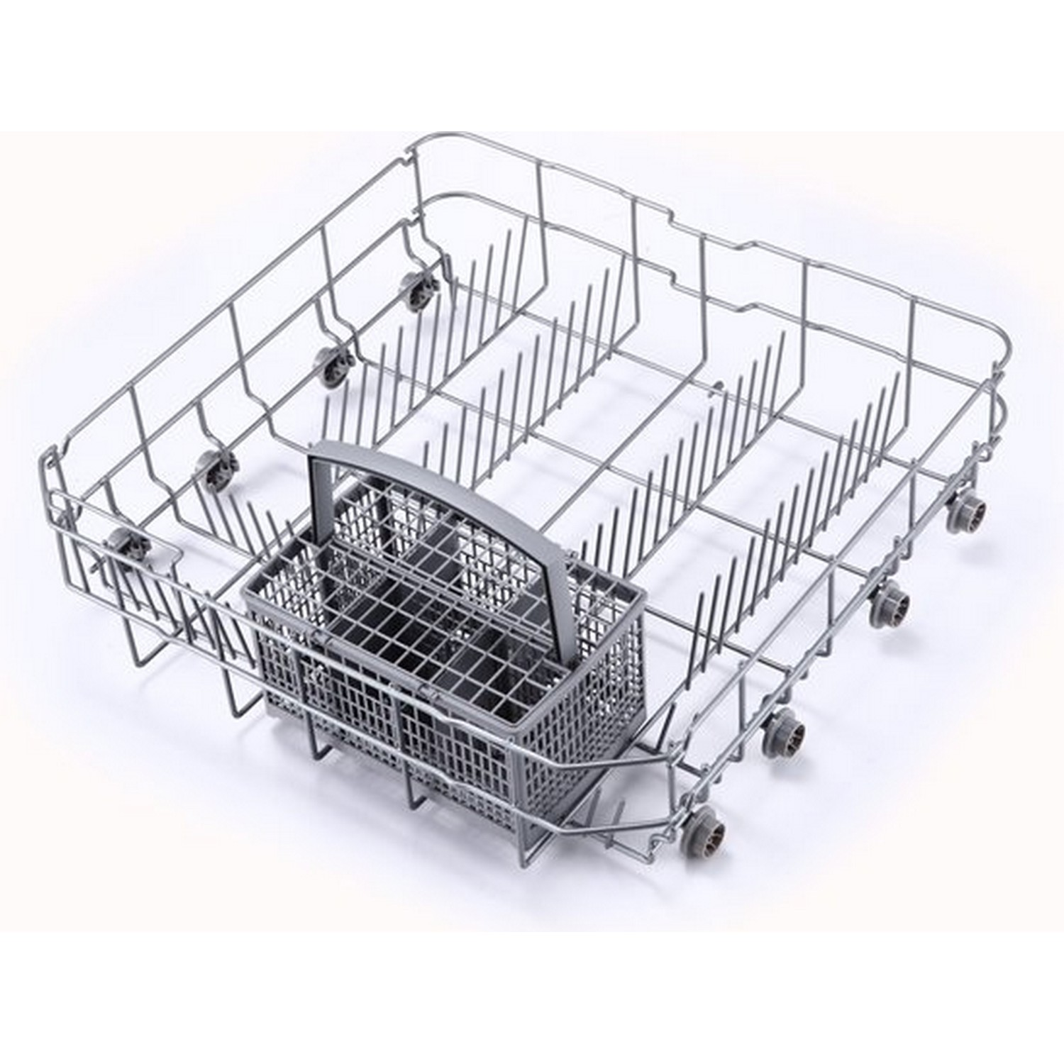 Dishwasher rack. Metallic gray, with a basket for cutlery.  White background.