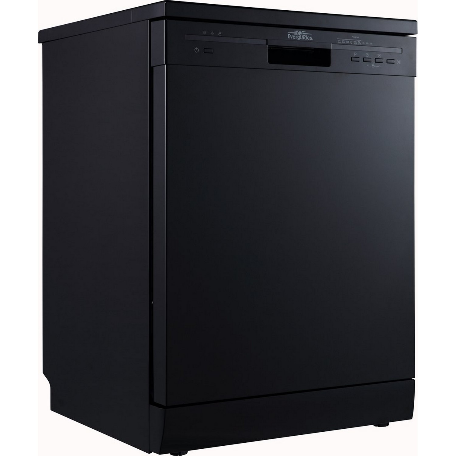 Black dishwasher with control panel. It has a door on the left side.