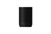Zwarte Sonos speaker. Het heeft een cilindrische vorm met een zwart gaas en een effen zwarte basis op een groene achtergrond.
