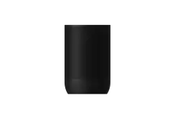 Black Sonos speaker. It's a cylindrical shape with a black mesh and a solid black base on a green background.