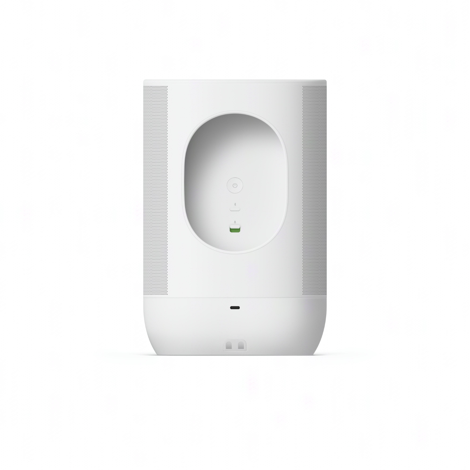 White smart speaker with an oval center and small green light.