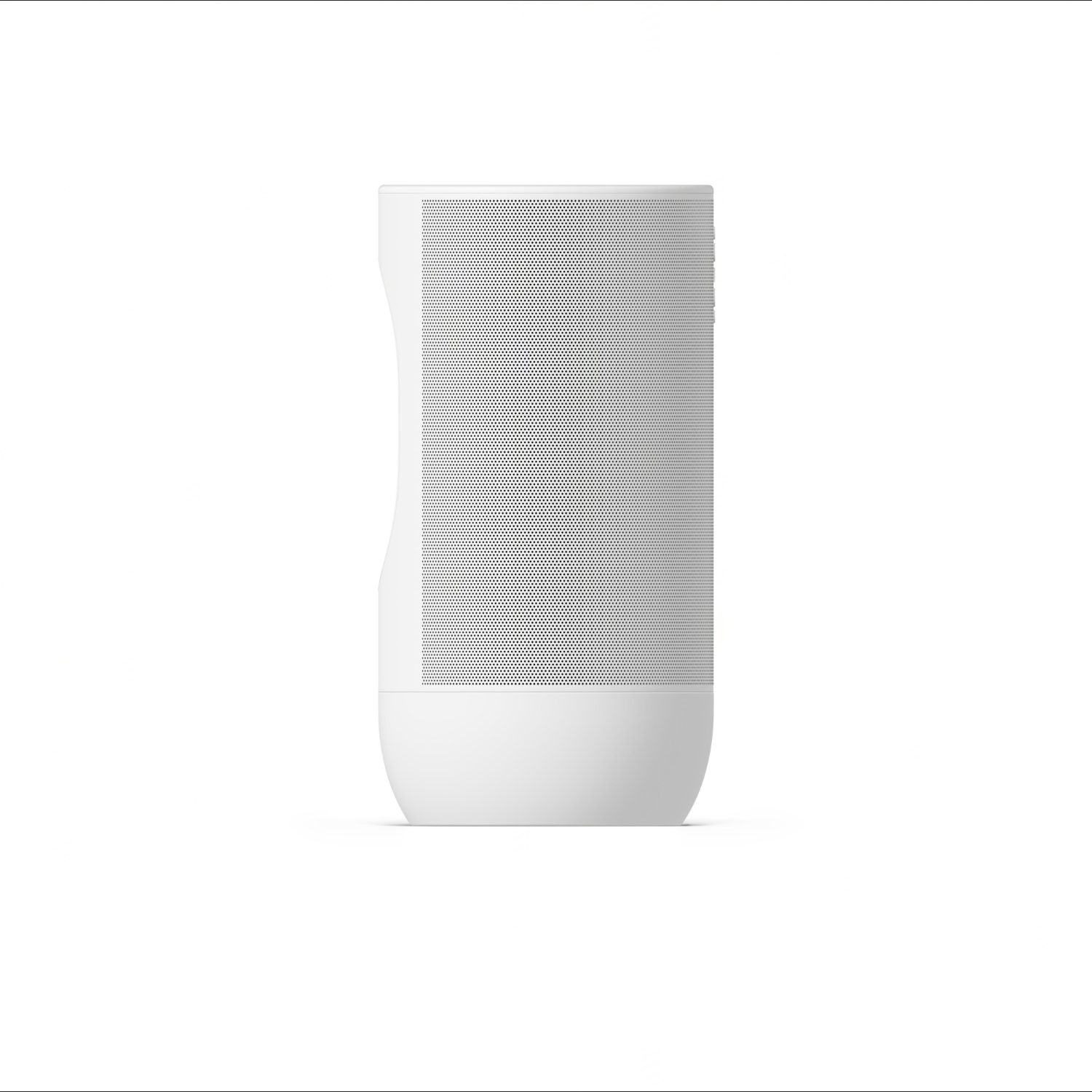 A white speaker. It has a grid of holes. The background is white.
