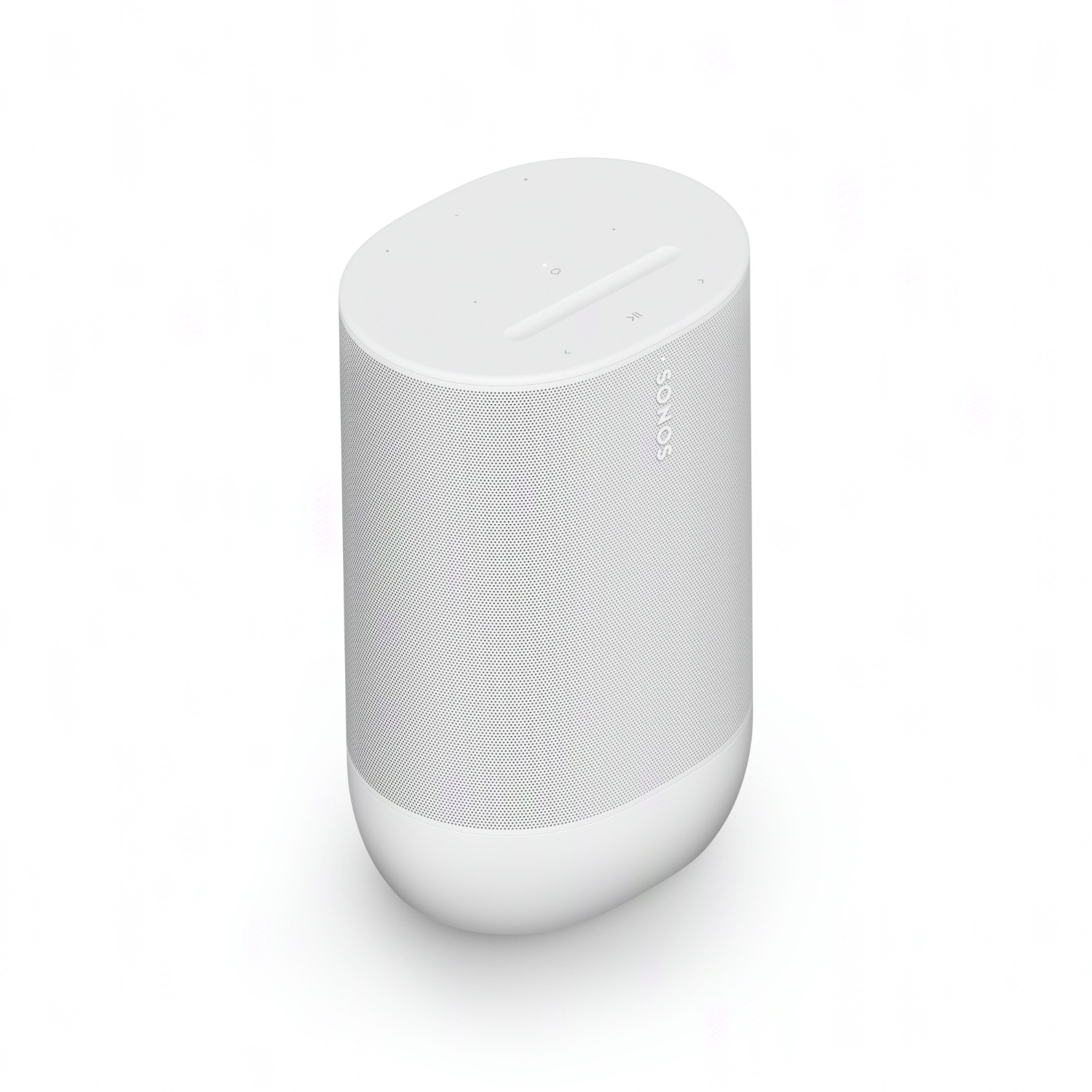 White, cylindrical speaker with a mesh body and top controls.
