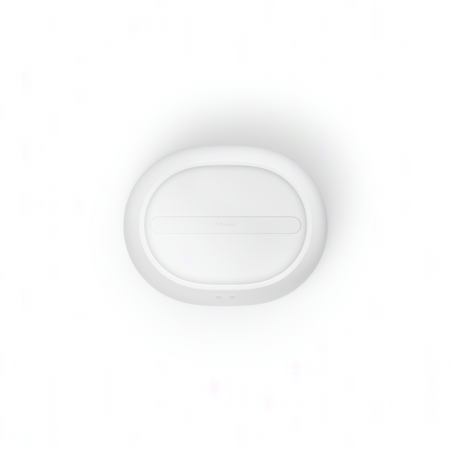 White, oval-shaped wireless charger. Has a groove and three lights. White background.