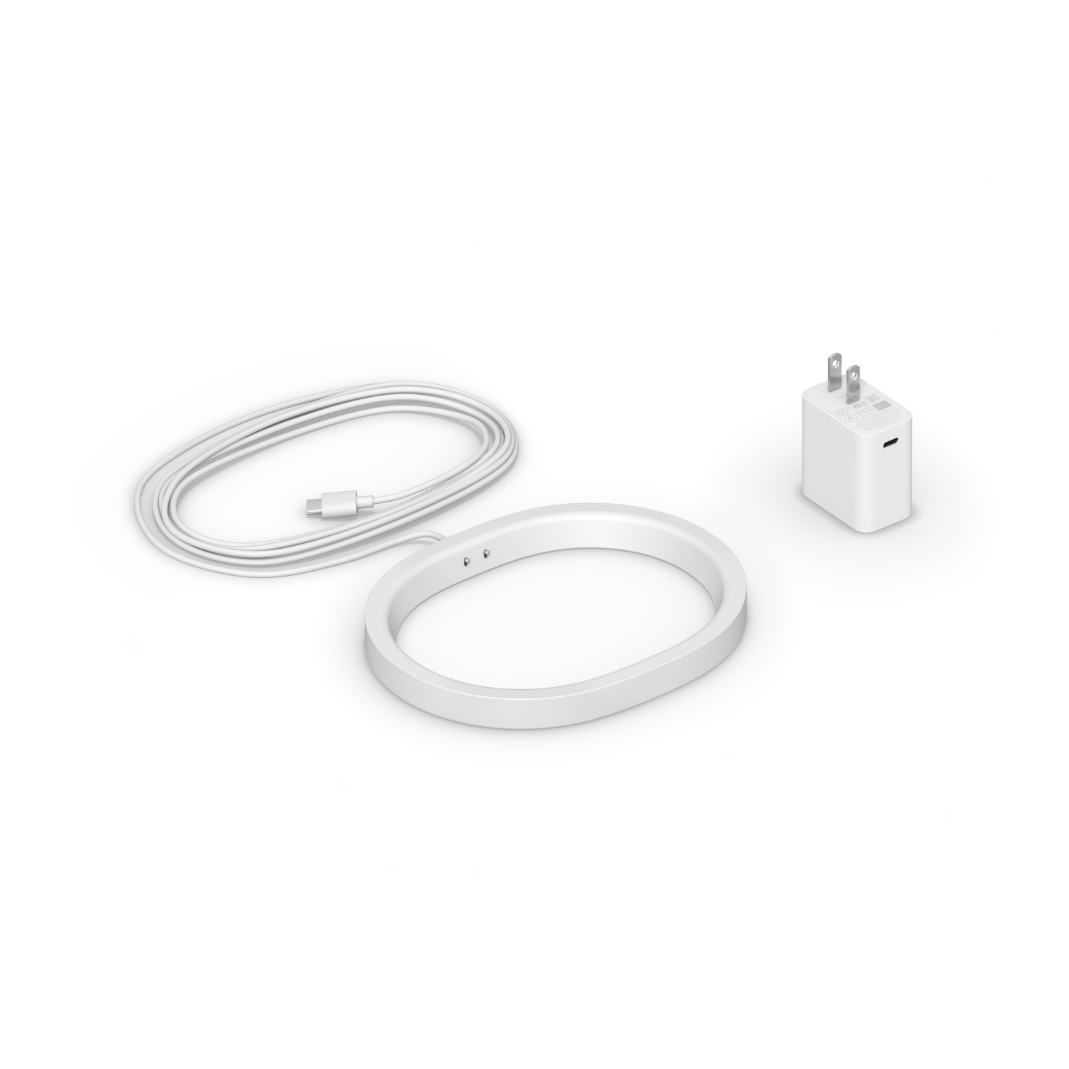 A white ring light, a charging cable, and a white power adapter.