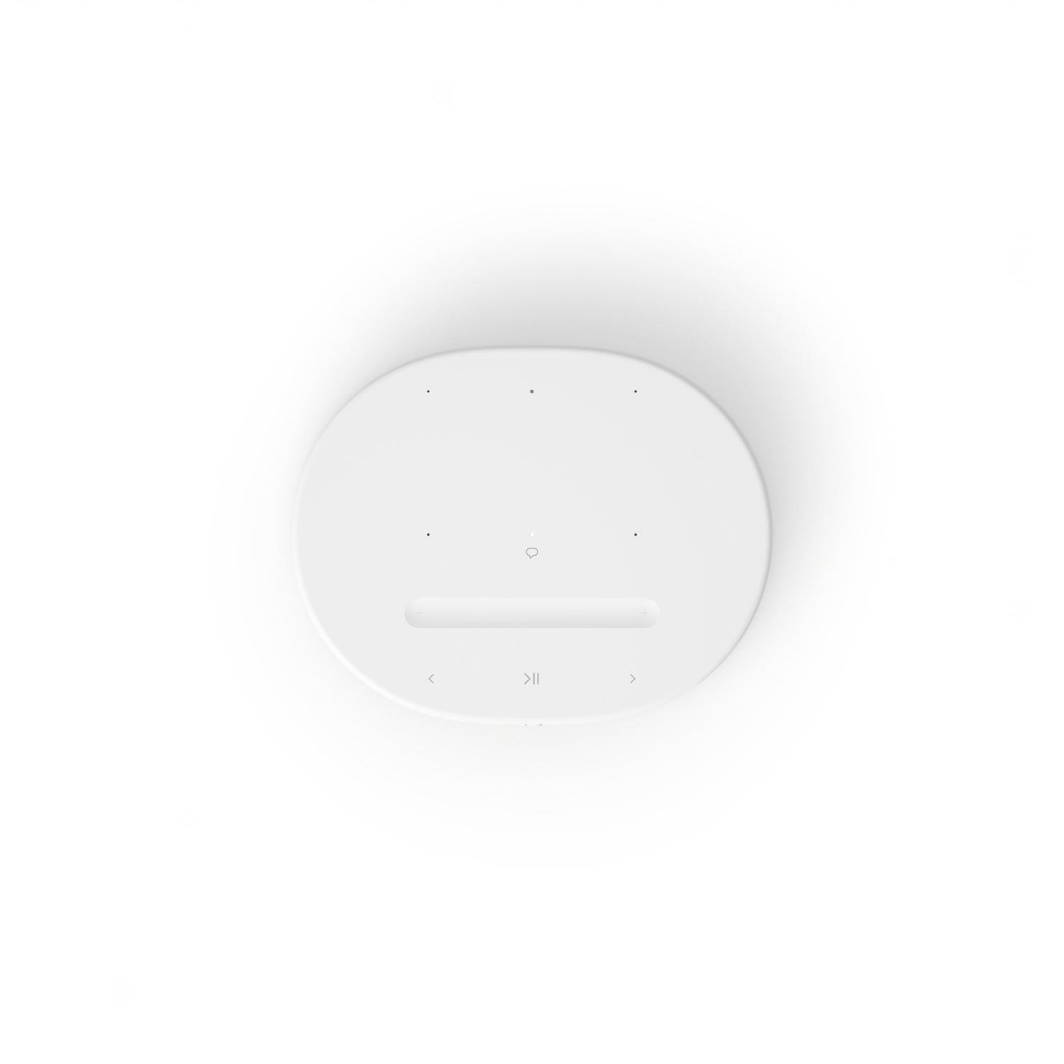 Top-down view of a white, oval-shaped smart speaker with buttons.