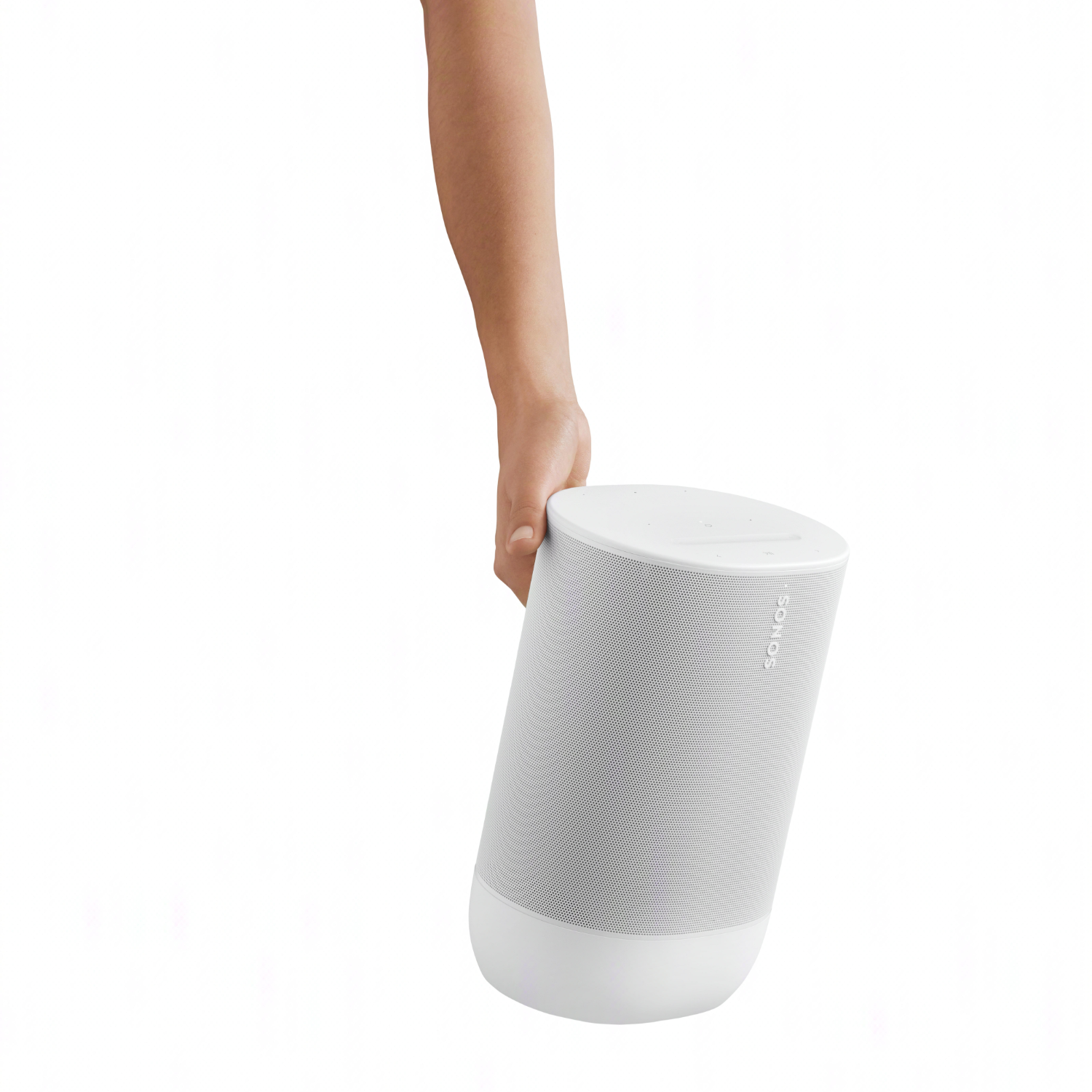 A hand holding a white Sonos speaker, against a white background.