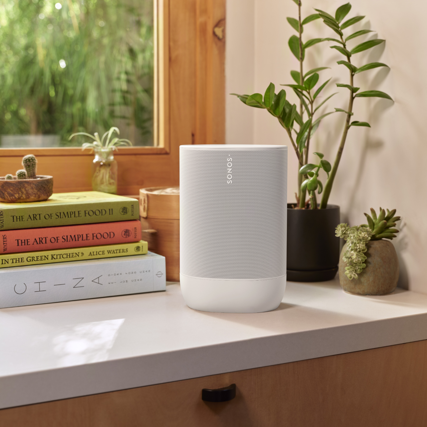 White Sonos speaker on a white counter, with plants and books arranged nearby, near a window.