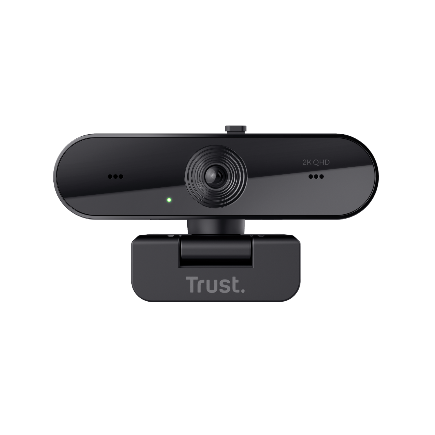 Black webcam with 2K QHD marking, and a stand. It has a Trust logo.