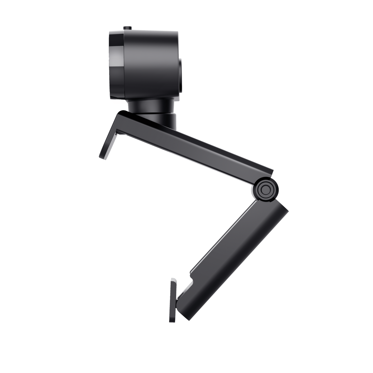 A black webcam on an adjustable arm, set against a black background.