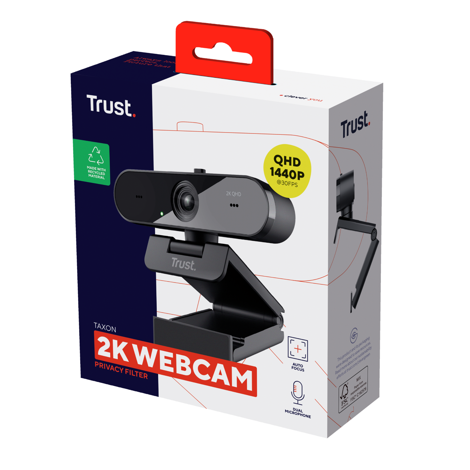 Webcam box, black and gray, says '2K WEBCAM' and 'Trust'. Contains webcam and accessories.