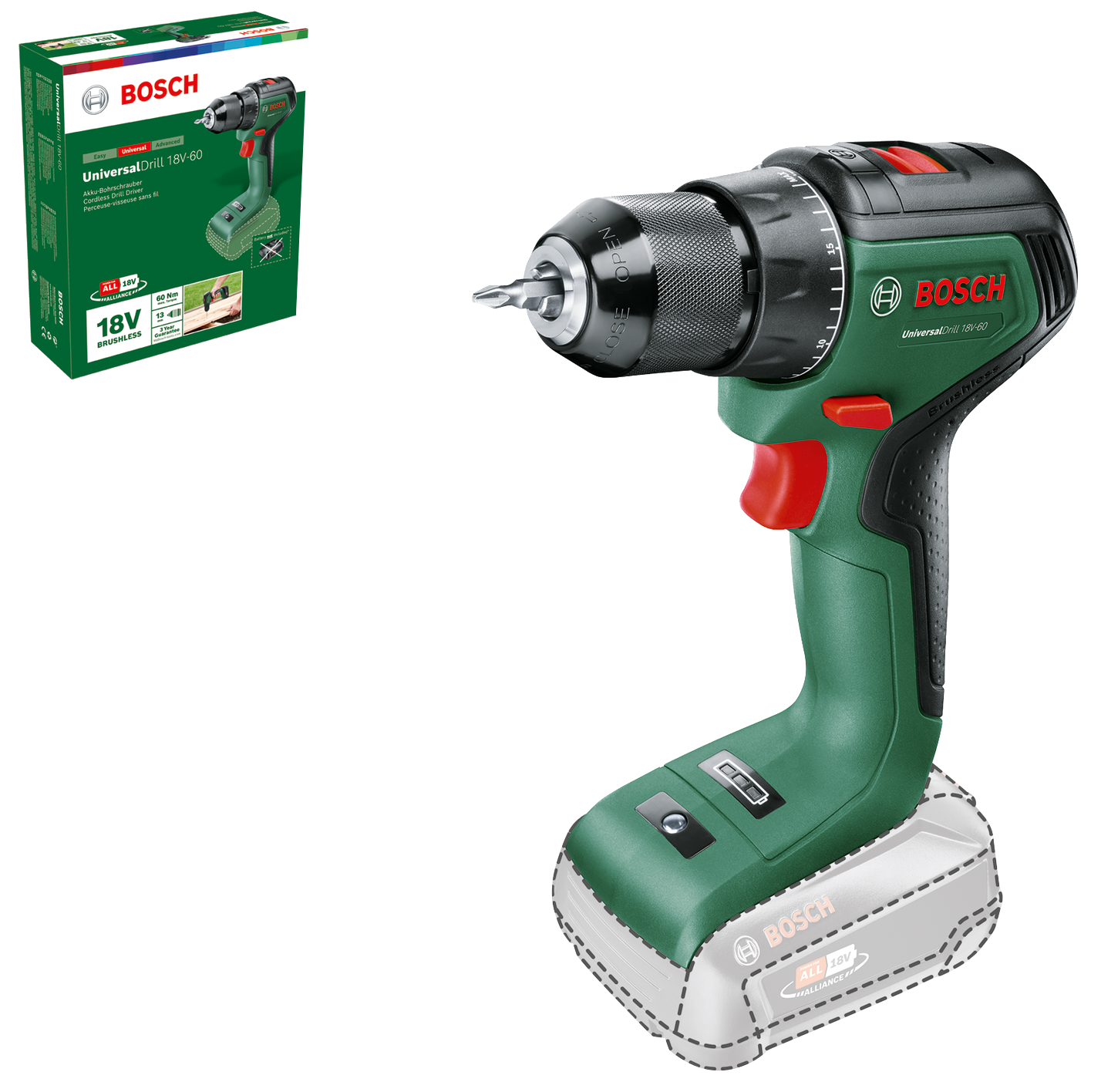 BOSCH Universal Drill 18V-60 Akkumulátoros fúrócsavarozó, 18V, akku és töltő nélkül (06039D7000)