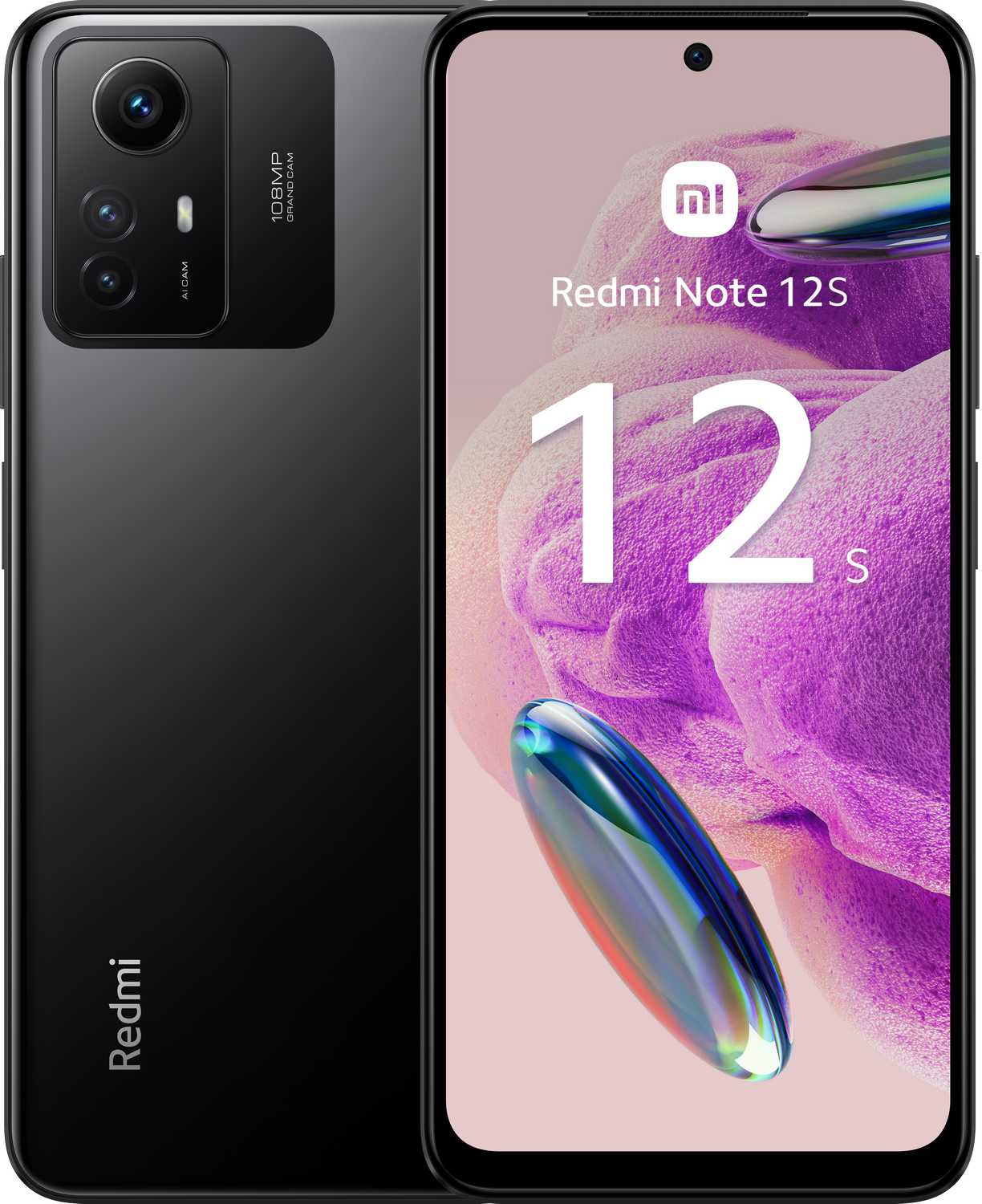 Teléfono negro Redmi Note 12S. Cámara y logotipo de Redmi visibles.