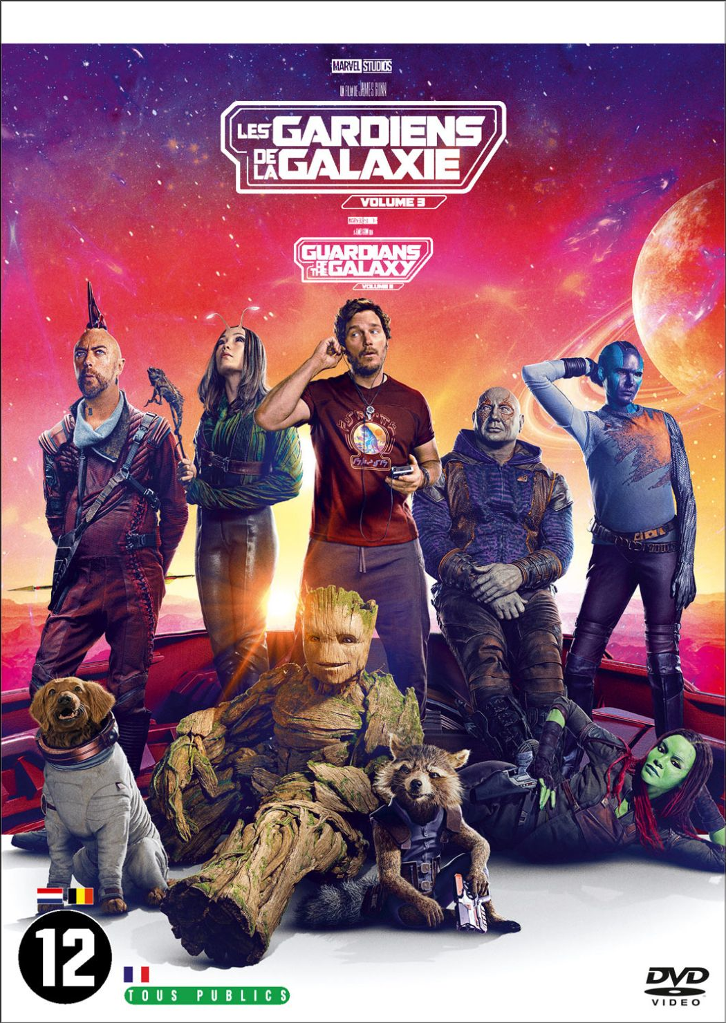 Guardians of the Galaxy Volume 3 DVD cover. Characters on space background.
