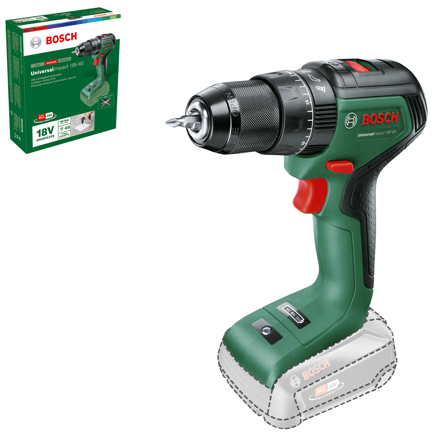 BOSCH Universal Impact 18V-60 Akkumulátoros fúrócsavarozó, 18V, akku és töltő nélkül (06039D7100)