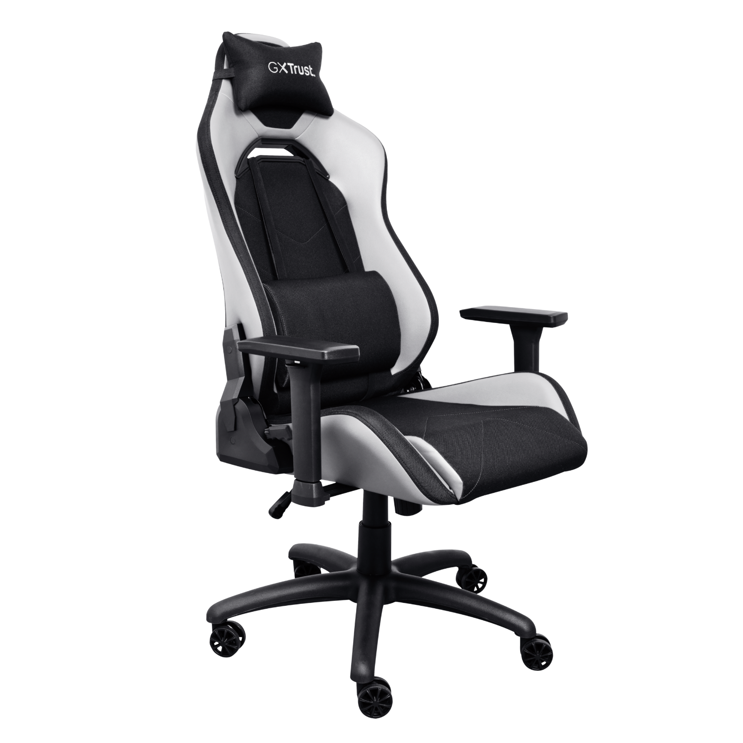 Gaming chair, black and white with a black head pillow and a black background.