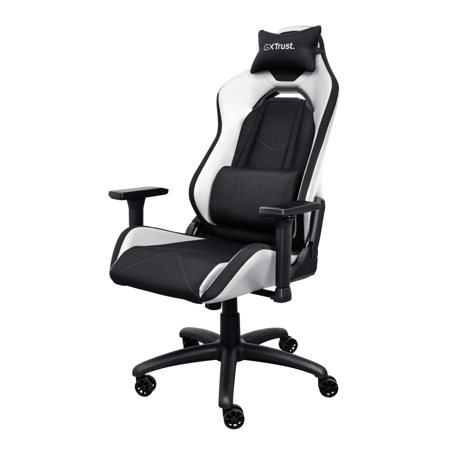 A gaming chair with a black and white design, black base, and a head pillow.