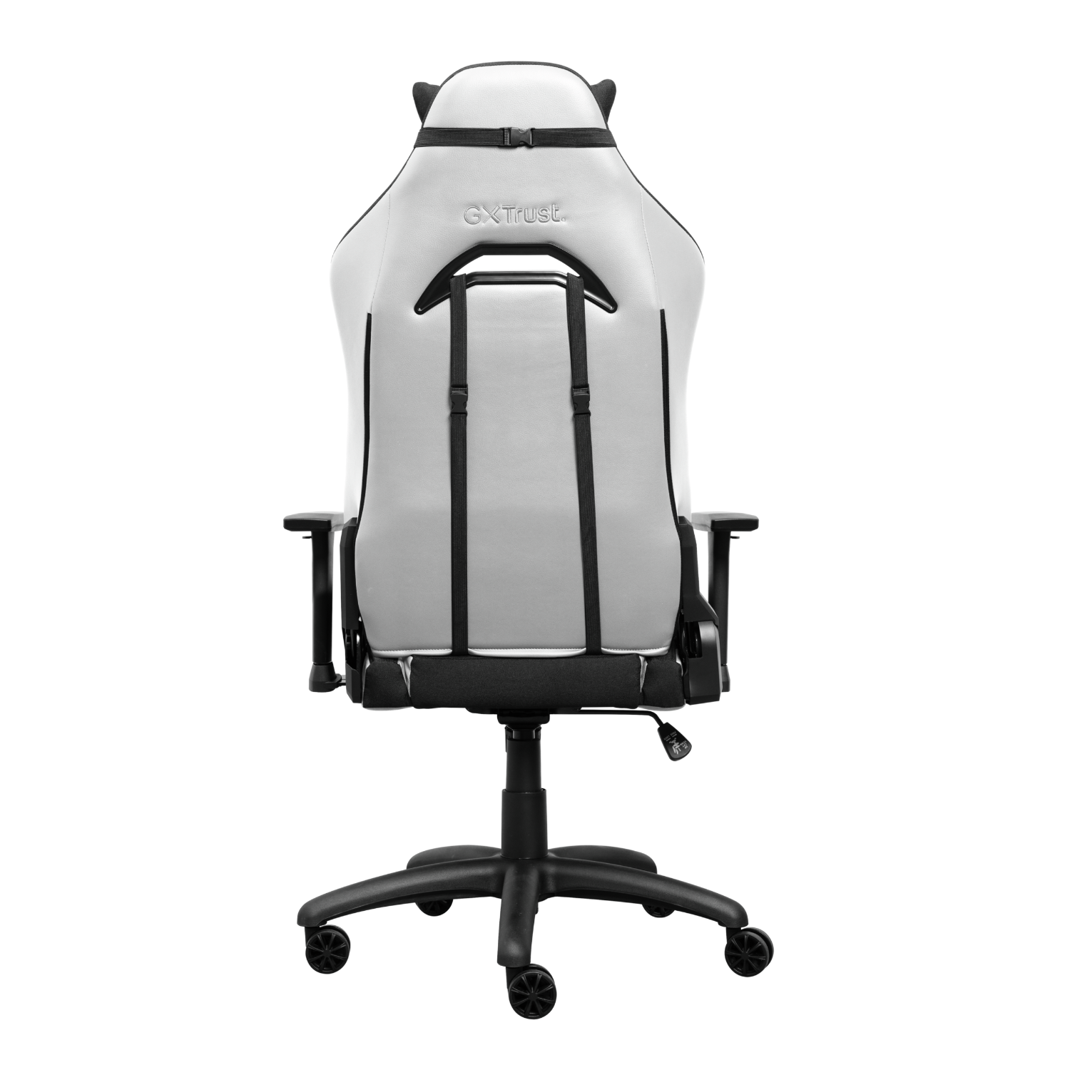 White and black gaming chair, back view, with black base and wheels.