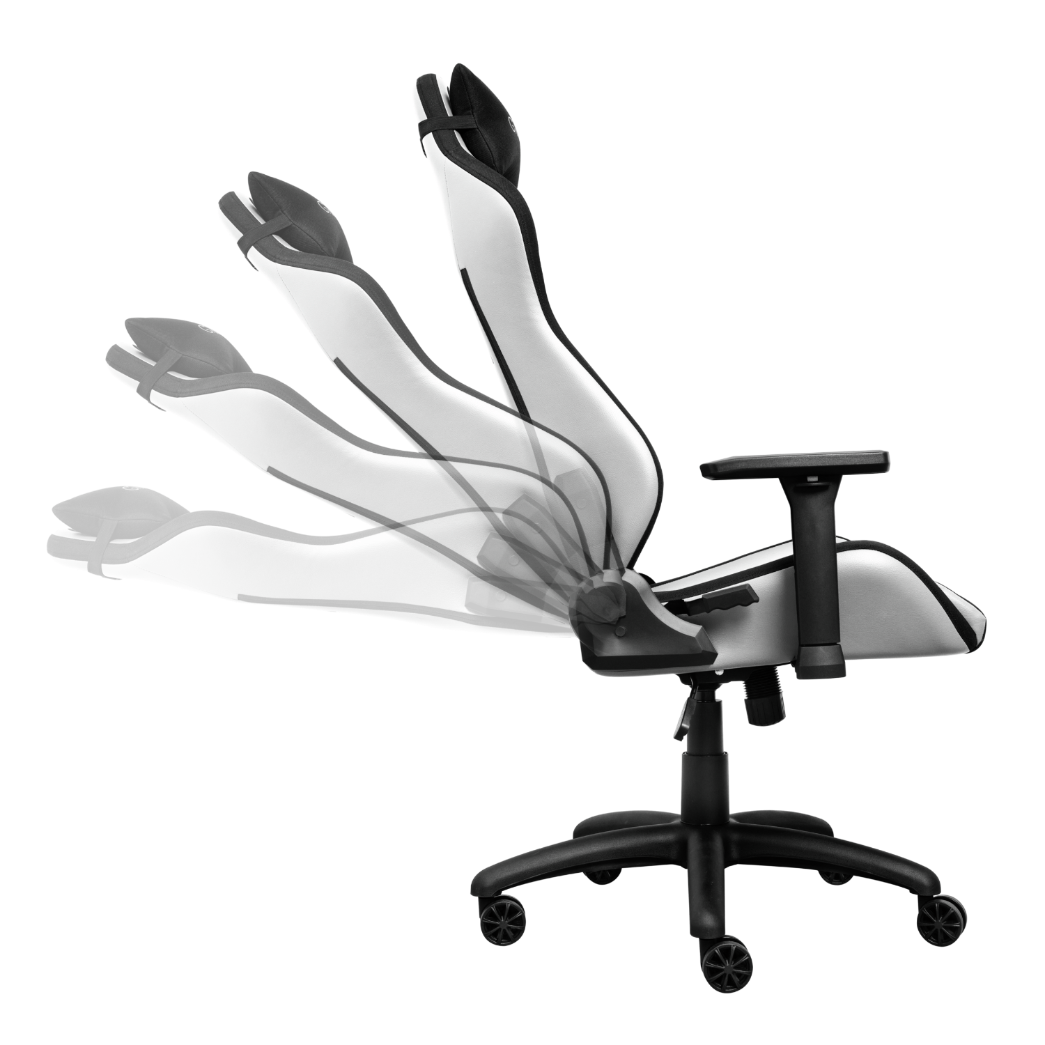 White and black gaming chair, tilting and rotating. Black base and wheels.